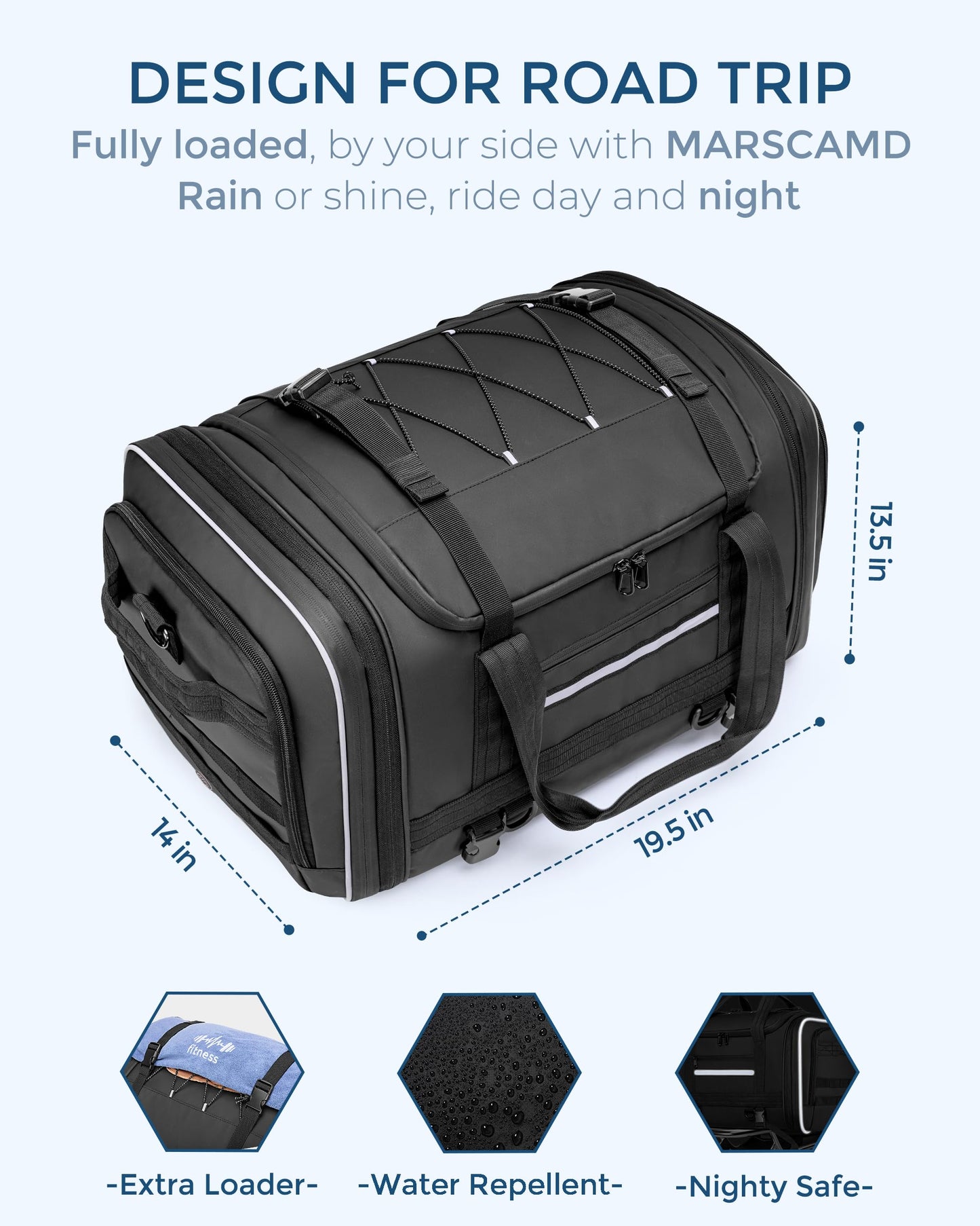 Marscamd Waterproof Motorcycle Tail Luggage Bag, 48L-64L Expandable, a Rain Cover Included, Bag with 4 Rack Mount Straps and Multiple Pockets - Black