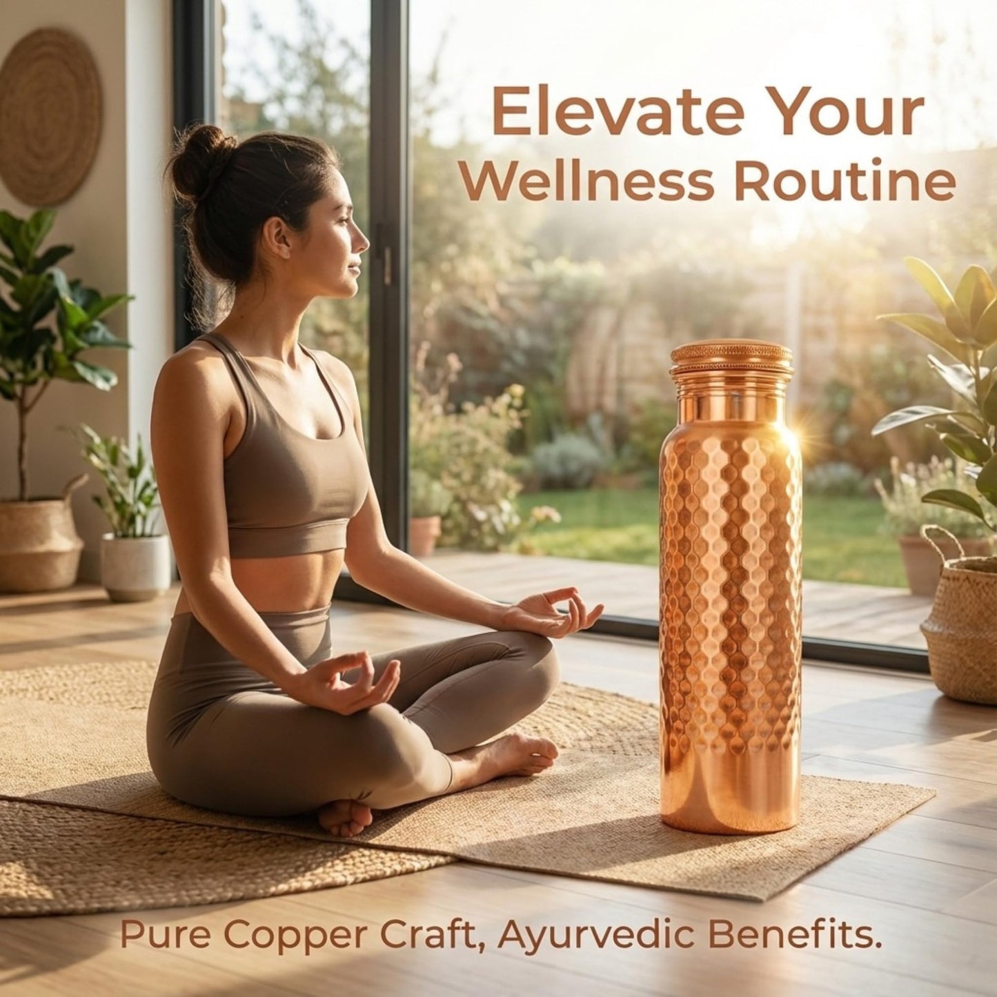STORE INDYA Copper Water Bottle for Drinking Water 30 oz | 100% Pure Copper Ayurvedic Water Bottle with Leak-Proof Lid | Hammered Finish for Better Grip | Wellness Flask for Yoga, Office, Gym use