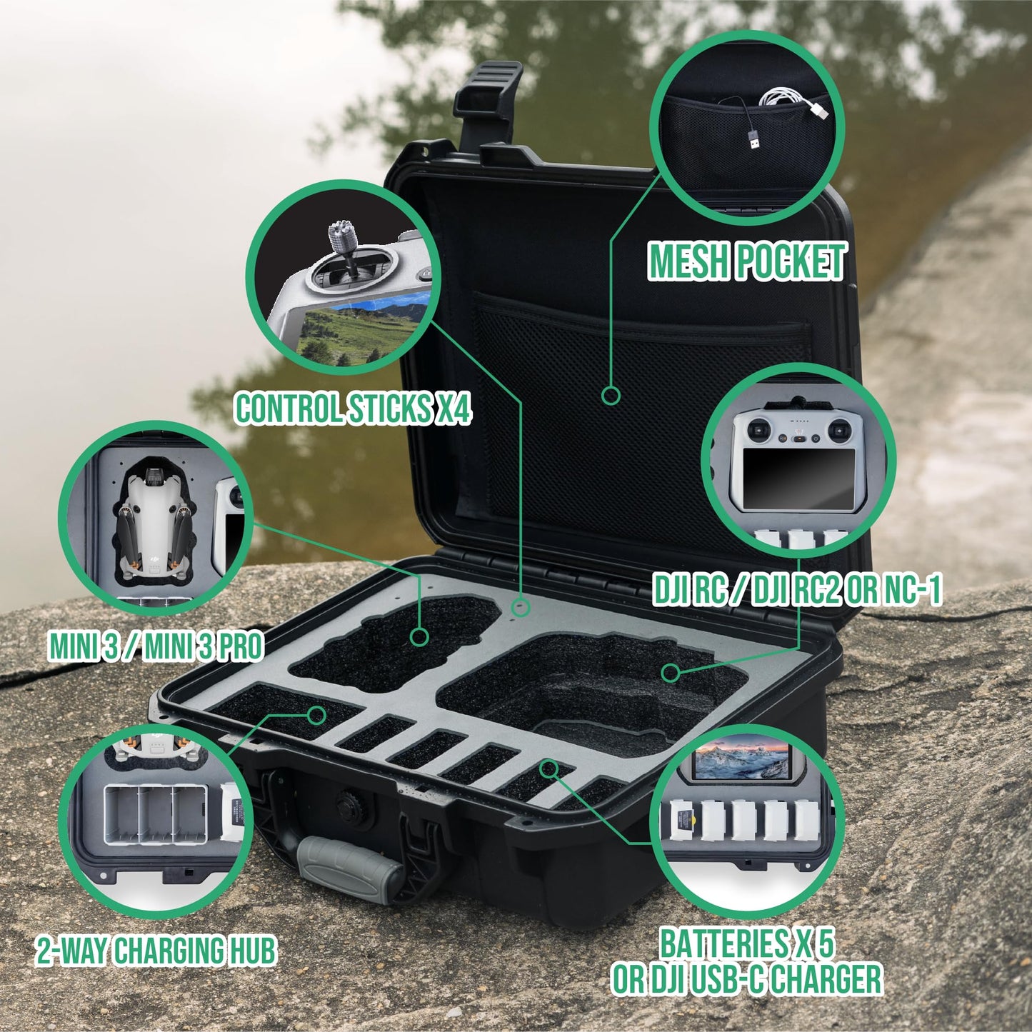INNVO Waterproof Hard Case for DJI Mini 4 Pro Fly More Combo RC 2 / RC-N2, Rugged Protective Carrying Case Compatible with DJI Mini 4 PRO/Mini 3 PRO, Rubber Handle Mesh Pocket Black