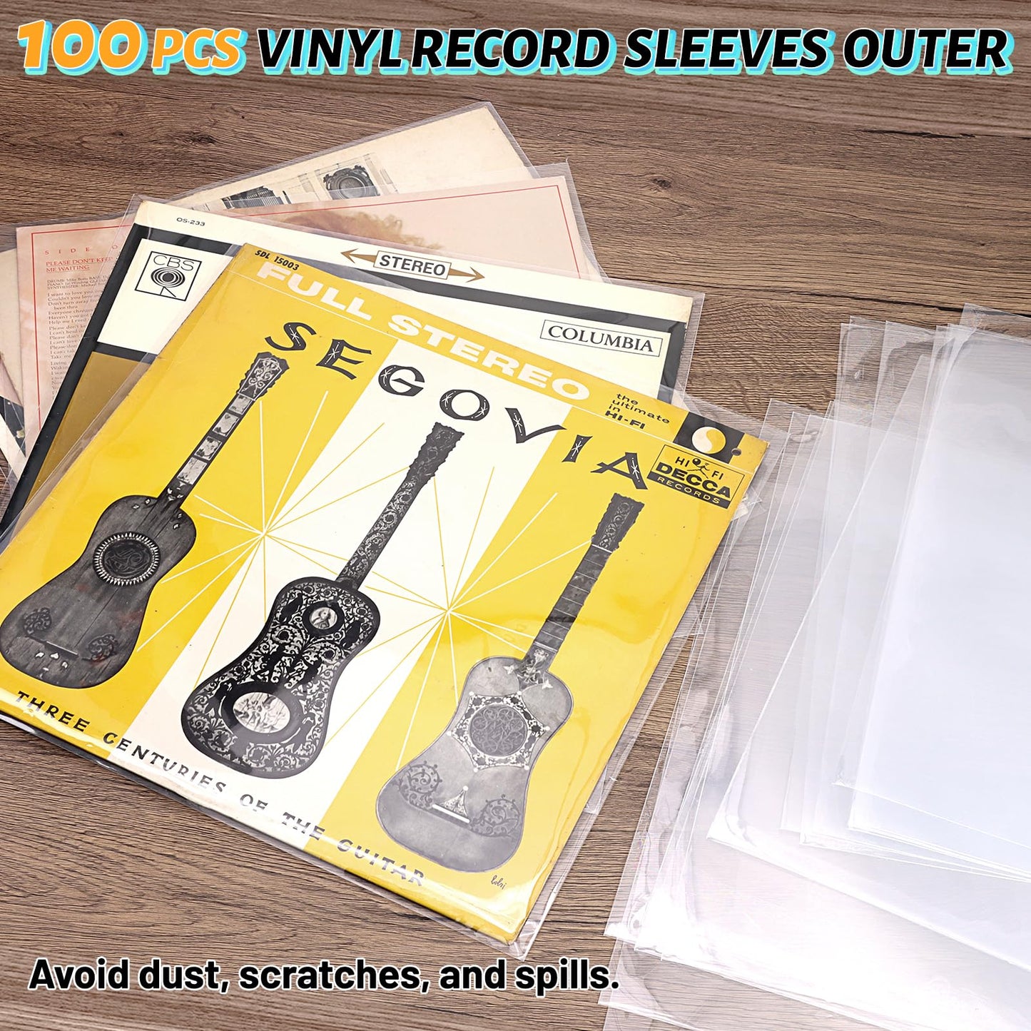 Vinyl Record Storage with 100 Record Sleeves, Fireproof & Water Resistant Record Organizer Box with Lock, Wrinkle-Free Vinyl Clear Sleeves Outer Protective Kits Covers 12.75" Albums 3 Mil Thick