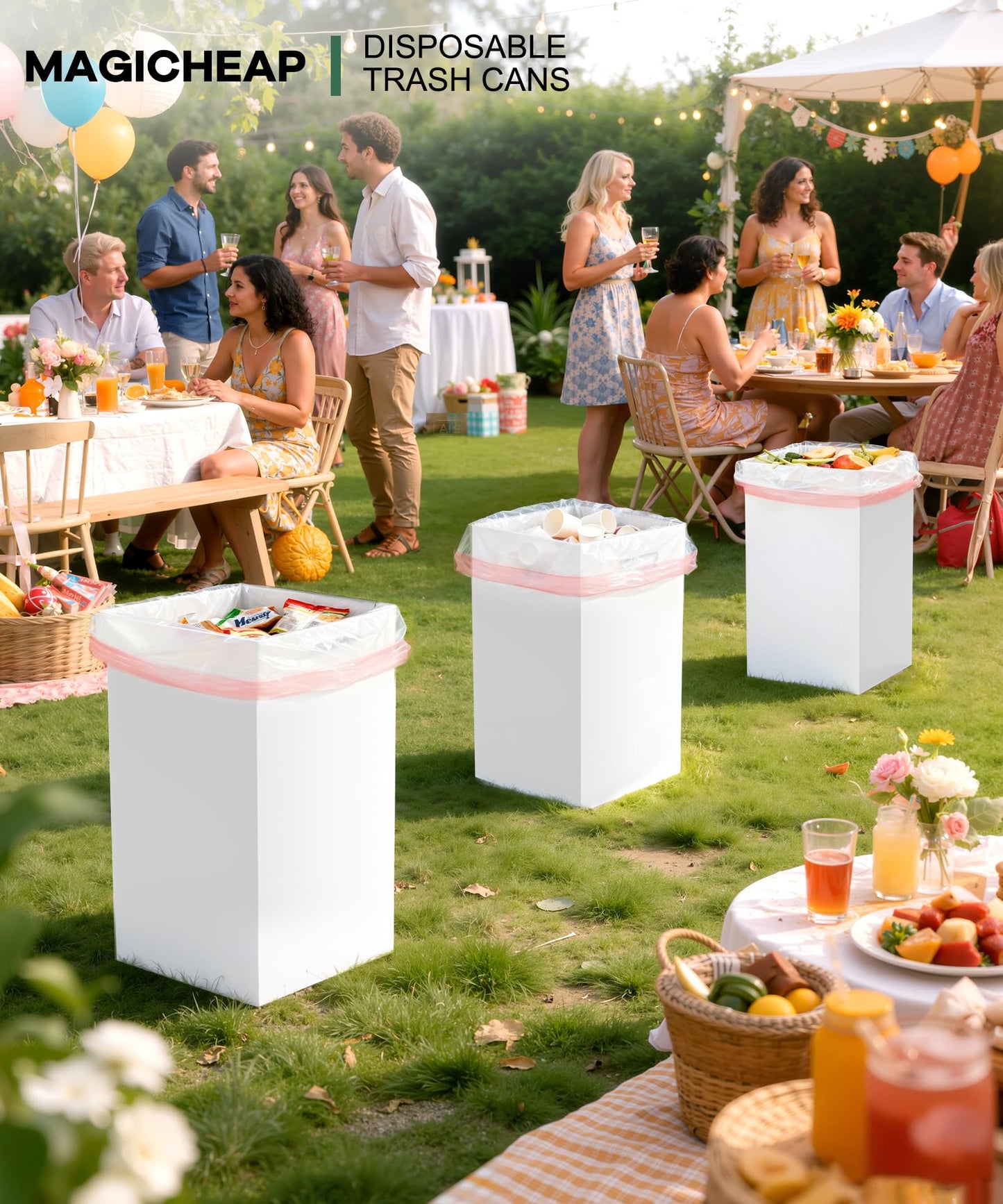 4 Pack Corrugated Cardboard Disposable Trash Cans for Parties, 40 Gallon Collapsible Garbage Cans with Handle, Thick Foldable Bins for Party Events Camping Beach(18" L x 18" W x 30" H), White