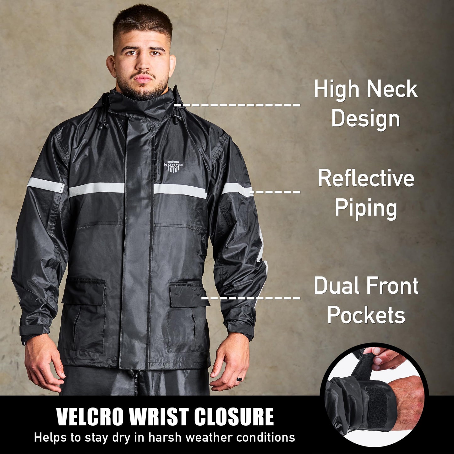 Waterproof Motorcycle Rain Suit, 2-Piece Reflective Gear, Lightweight Riding Jacket & Pants, Protective Raincoat with Hoodie (Black, XL-2XL)