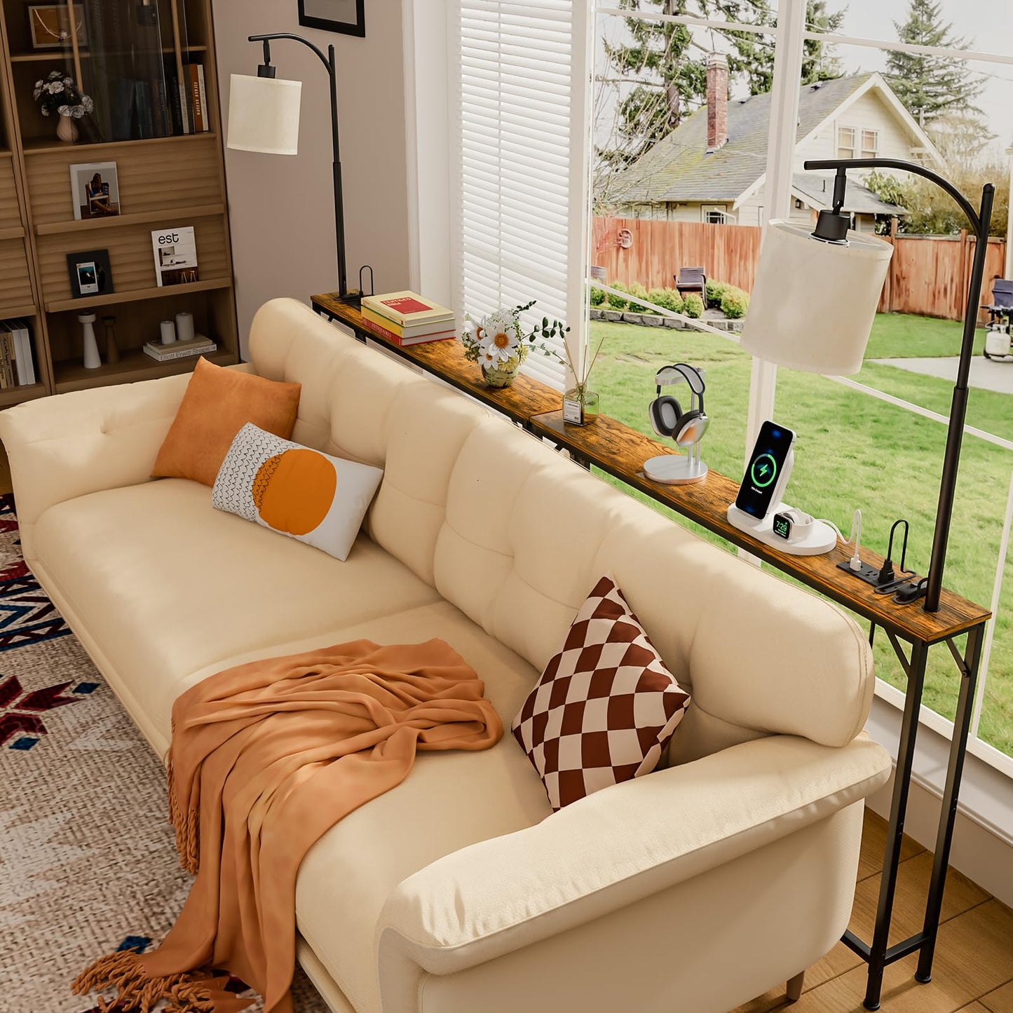keomaisyto Skinny Console Table with Outlet, Narrow Sofa Table with 3-Color Light, Behind Couch Table with 3 Color Temperatures Led Bulb for Living Room, Bedroom, Entryway, Hallway
