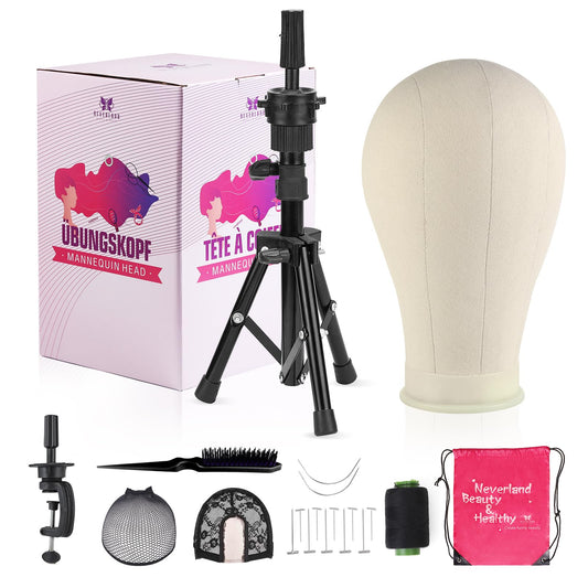 23 Inch Wig Head,Wig Stand Tripod with Head,Canvas Wig Head Stand with Mannequin Head for Wigs,Manikin Head Block Set for Wigs Making Display with Wig caps,T Pins Set,Bristle Brush