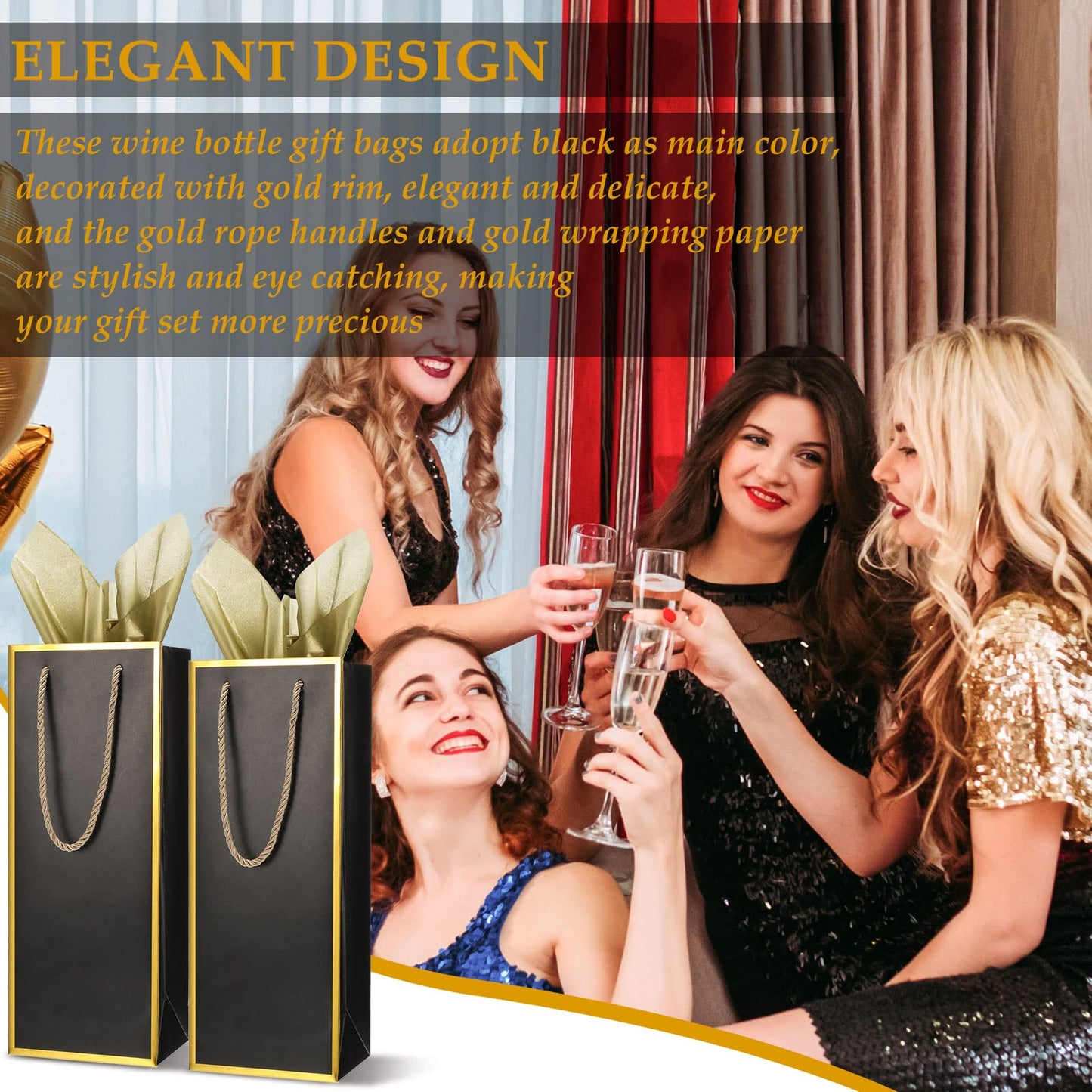 TaoBary Black Wine Gift Bags and Gold Wrapping Paper Set Wine Bags for Bottle Bulk 4 x 5 x 13 Inch Champagne Gift Paper Bags with Handles for Appreciation Wedding Party Anniversary(50 Packs)