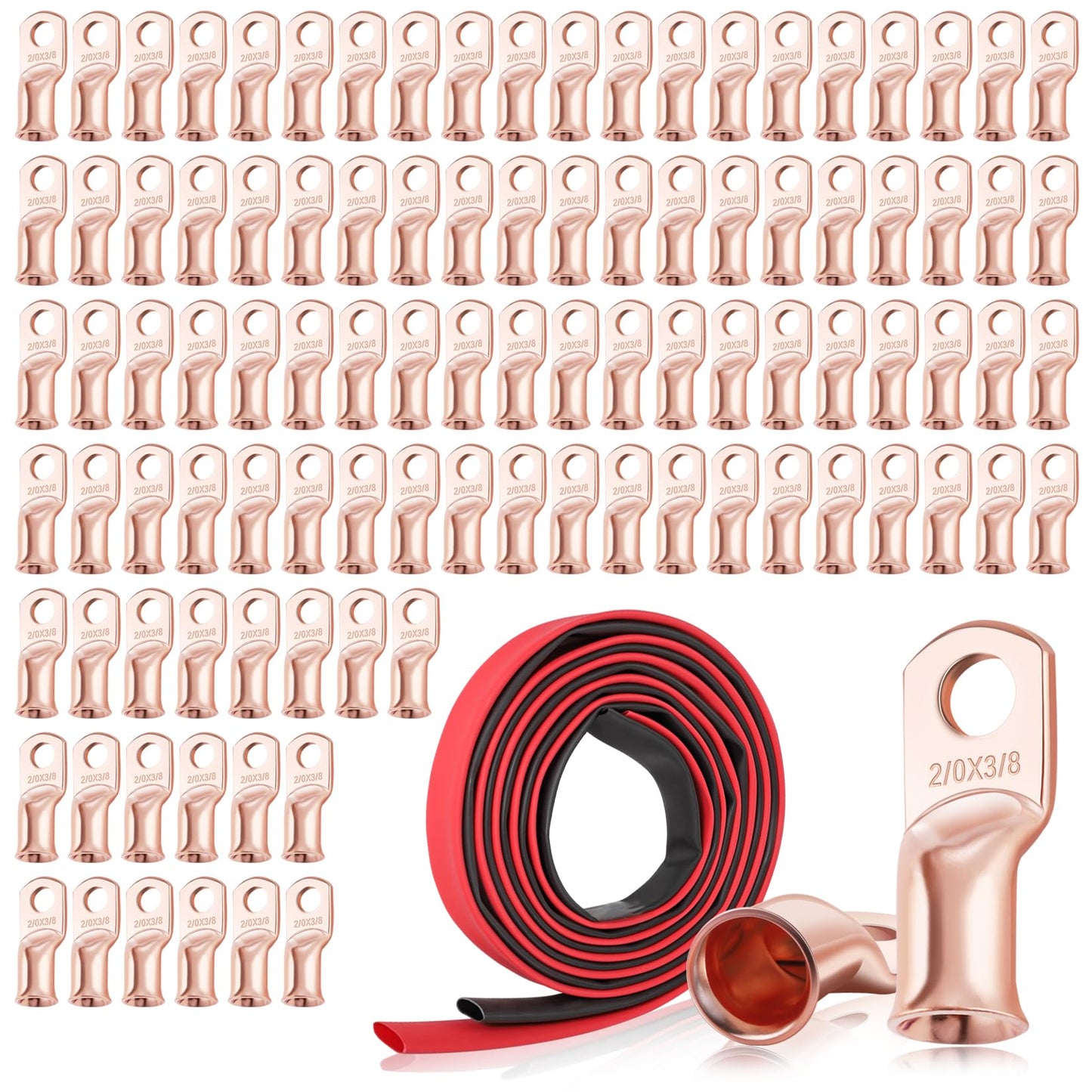 XHF 100PCS 2/0 AWG-3/8 Heavy Duty Battery Lugs with 3:1 Heat Shrink Tubing, Ring Terminals Battery Cable Ends Copper Eyelets Electrical Battery Connectors