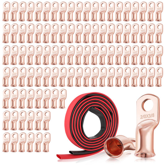 XHF 100PCS 2/0 AWG-3/8 Heavy Duty Battery Lugs with 3:1 Heat Shrink Tubing, Ring Terminals Battery Cable Ends Copper Eyelets Electrical Battery Connectors