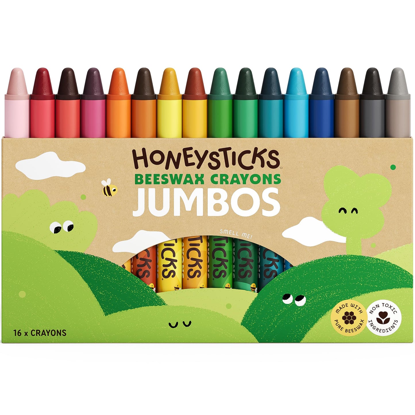 Honeysticks Jumbo Crayons (16 Pack) - Non Toxic Crayons for Kids - 100% Pure Beeswax and Food Grade Colours - 16 Bright Colours - Large, Easy to Hold and Use - Sustainably Made in New Zealand