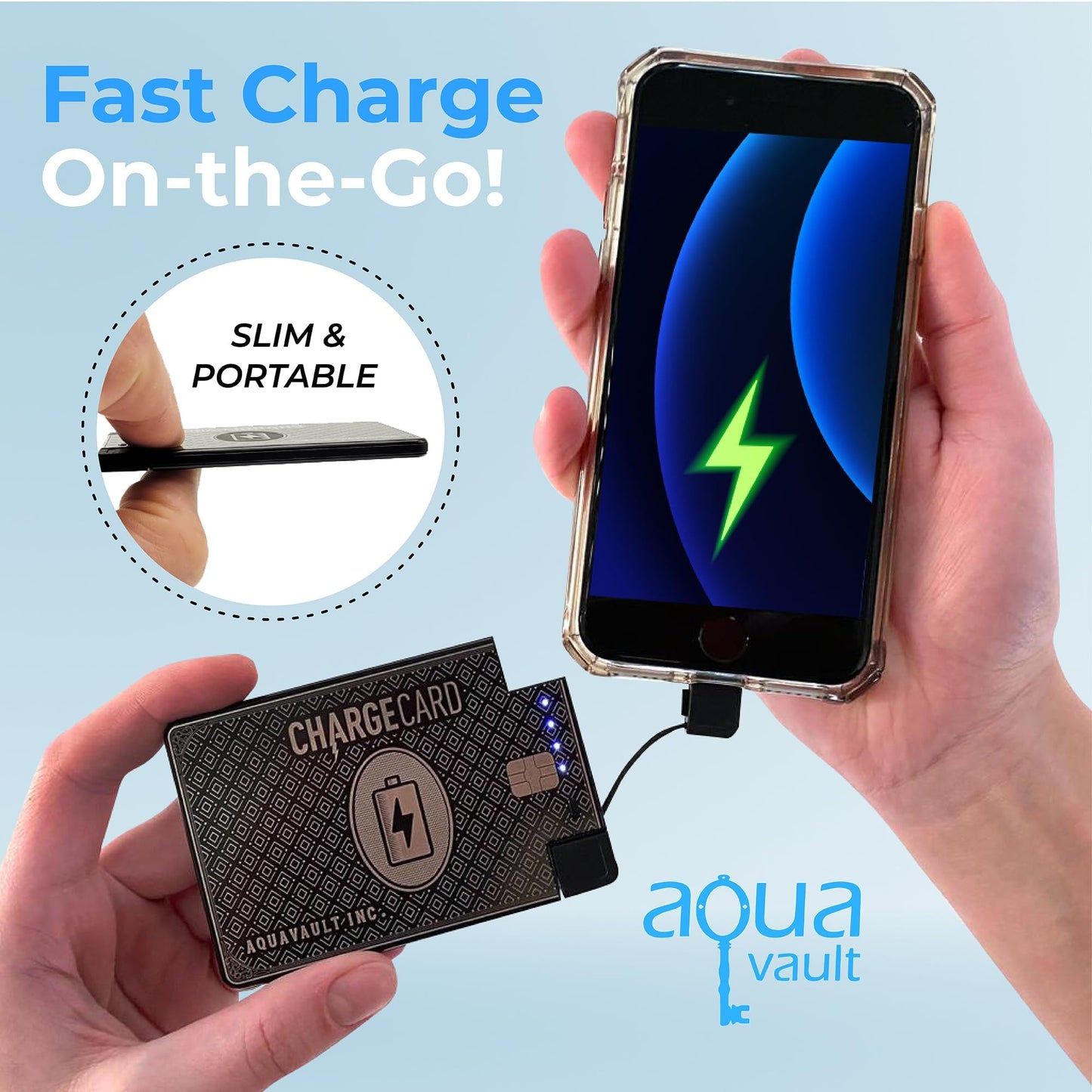 Ultra Thin Emergency Phone Charger. Portable Power Bank that Fits in Your Wallet. Works with All Phones. 2300mAh &1.5A Fast Charge. Built in Cables (Lightning, USB-C, Micro USB) - ChargeCard BLACK