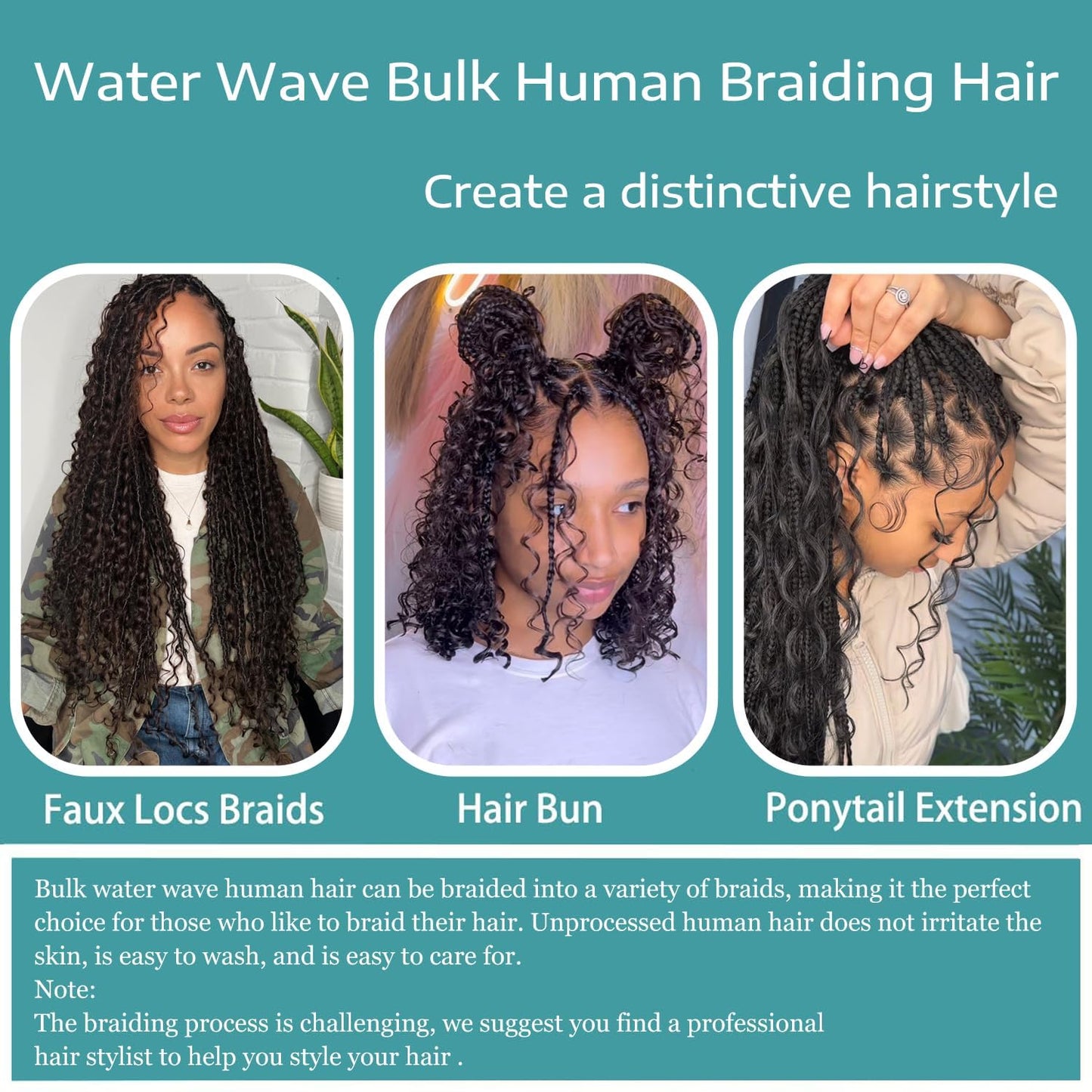 Human Braiding Hair 3 Bundles/Pack 150g Curly Water Wave Human Bulk Hair for Braiding No Weft 10A Brazilian Virgin Human Braiding Hair for Boho Braids Wet and Wavy Braids Extensions (16 16 16inch)
