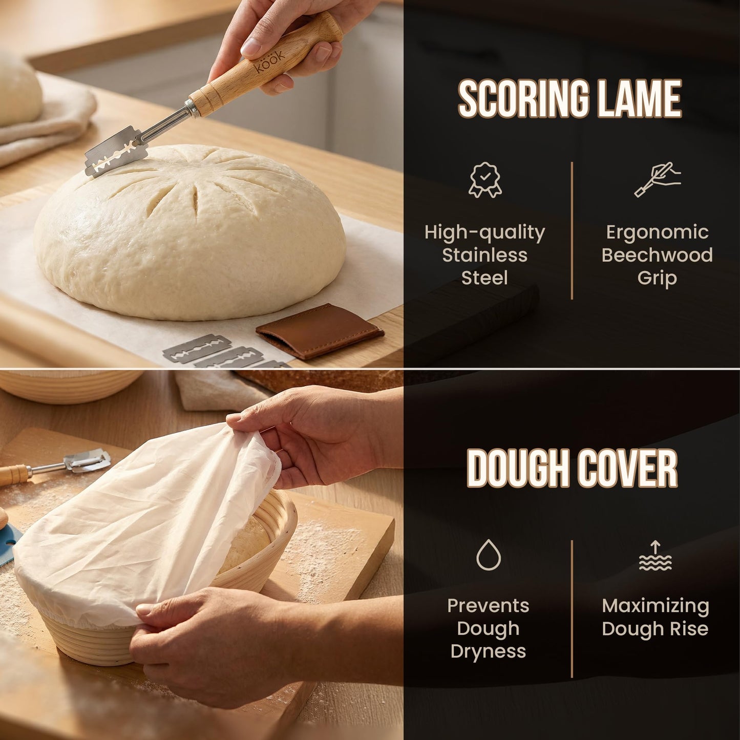 Kook Banneton Bread Proofing Set, Artisan Sourdough Bread Making Kit with Round & Oval Rattan Baskets, Liners, Dough Scrapers, Scoring Lame + Blades, Brush & Dough Cover (Set of 2)
