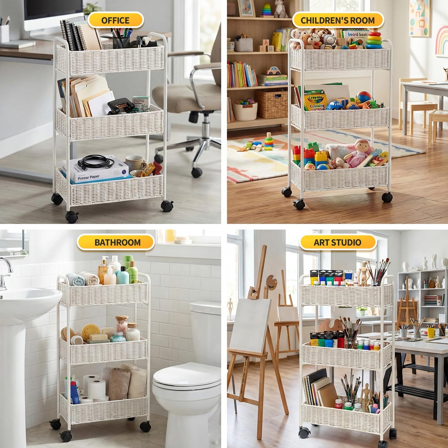 FOCHIER F Utility Slim Storage Cart,3-Tier Rolling Kitchen Office Laundry Room Cart,Mobile Shelving Unit Organizer for Living Room Bathroom Baby Diaper Narrow Places (White, UC-White-7.1inch)