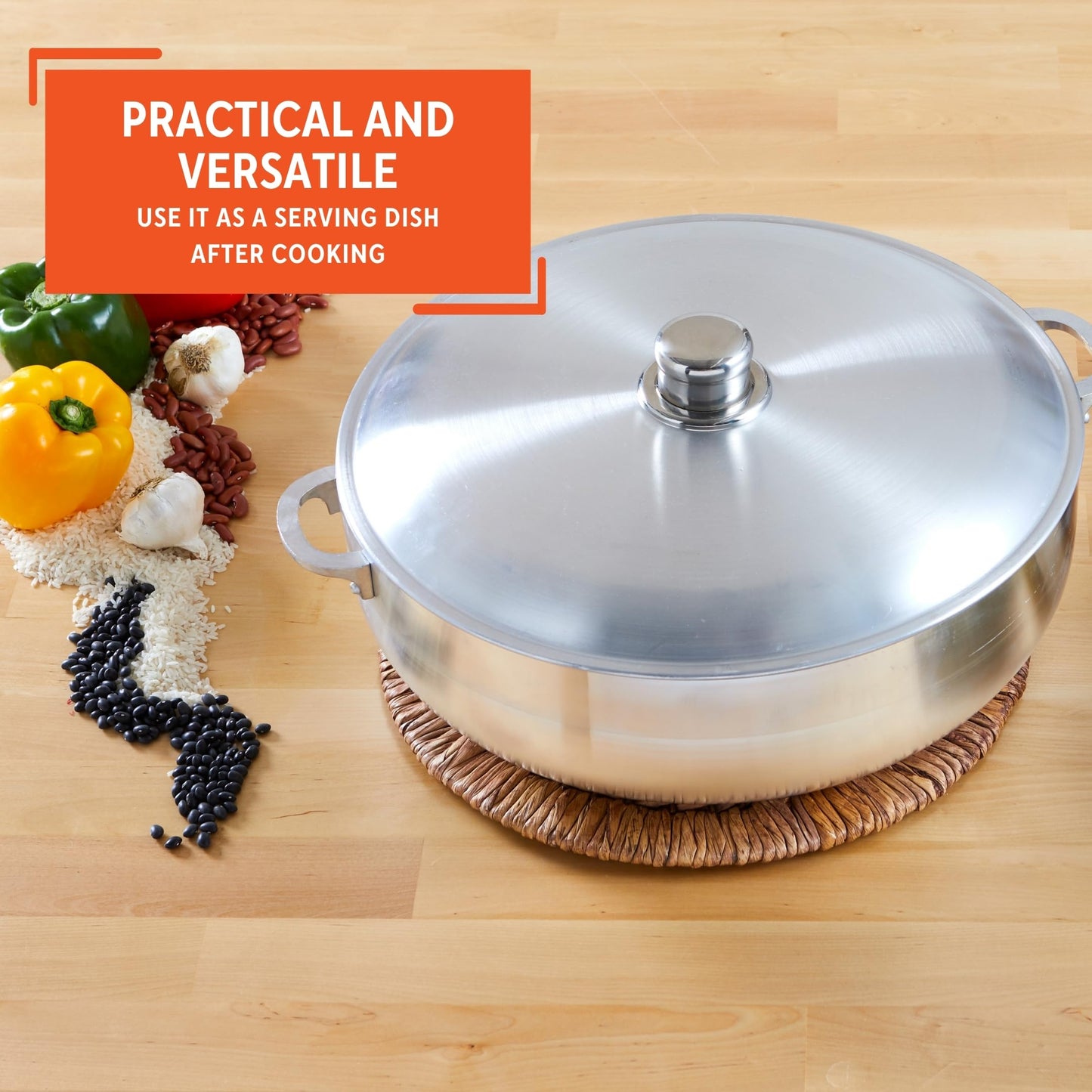 IMUSA Traditional Polished Aluminum Caldero (Dutch Oven) with Lid, 6.9 Quarts, Polished Aluminium