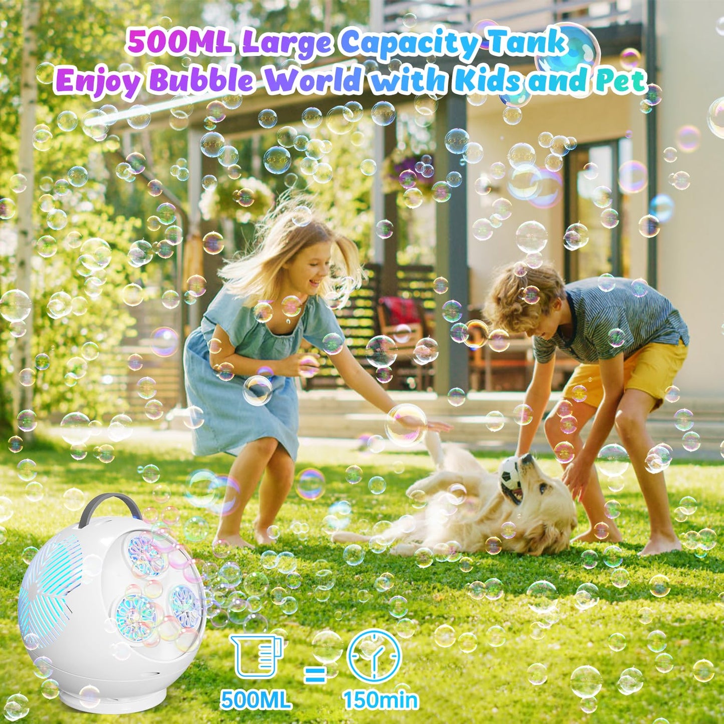 Bubble Machine for Kids Toddlers,45°/360° Automatic Rotation Spherical Bubble Maker Toy with RGB Light,Rechargeable Type-C Charge Bubble Blower,Outdoor Wedding Party Birthday Gifts (White)