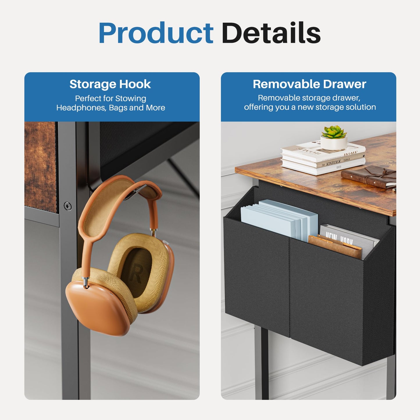 Sweetcrispy Computer Desk Small 32 Inch Home Office Bedroom Writing Study PC Table with Fabric Storage Drawers Space Side Bag Headphone Hook Adjustable Feet Modern Simple Style, Rustic Brown