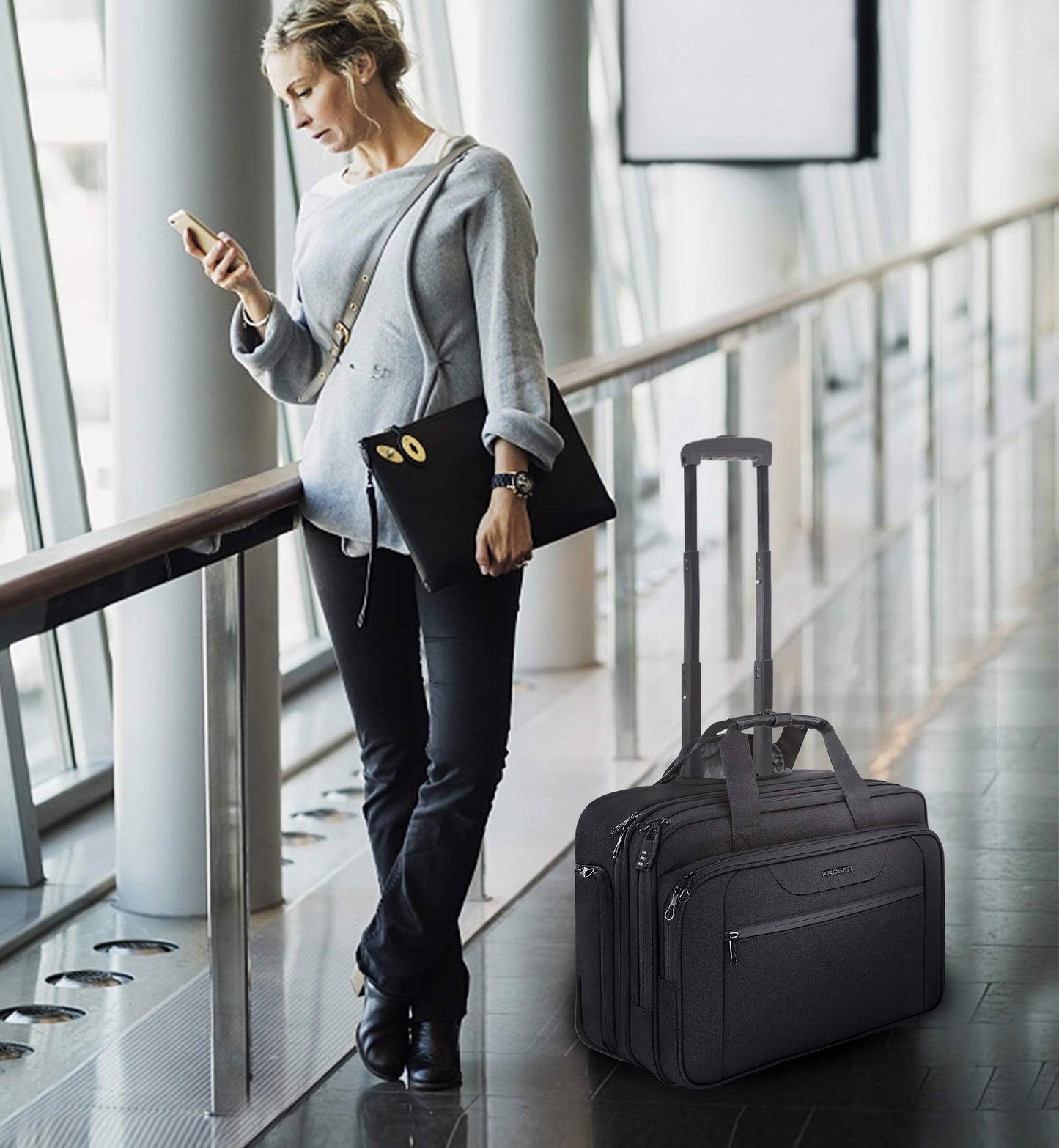KROSER Rolling Laptop Bag Premium Wheeled Briefcase Fits Up to 17.3 Inch Laptop Overnight Roller Case Computer Bag with RFID Pockets for Travel/Business/Men/Women-Black
