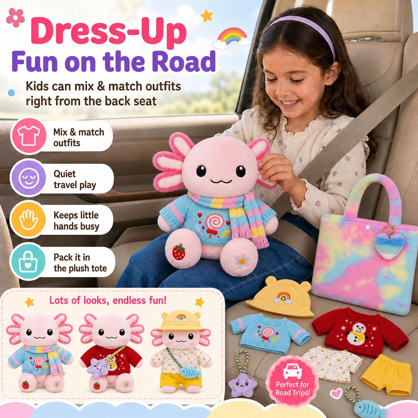 KUMANEKO Cute Axolotl Plush Gift Set with 12 Pcs Axolotl Stuffed Animal Clothes & Accessories, 13-Inch Axolotl Toy, 5/6/7/8/9/10-12 Year Old Girl Birthday Gift