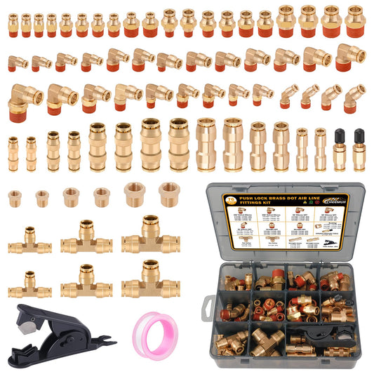 CheeMuii 76 Pcs Brass DOT Air Line Fittings Kit Push Lock Air Fittings Push to Connect Fittings NPT Thread & Quick Connect Air Hose Fittings for DOT Air Line Air Hose Pneumatic Tubing
