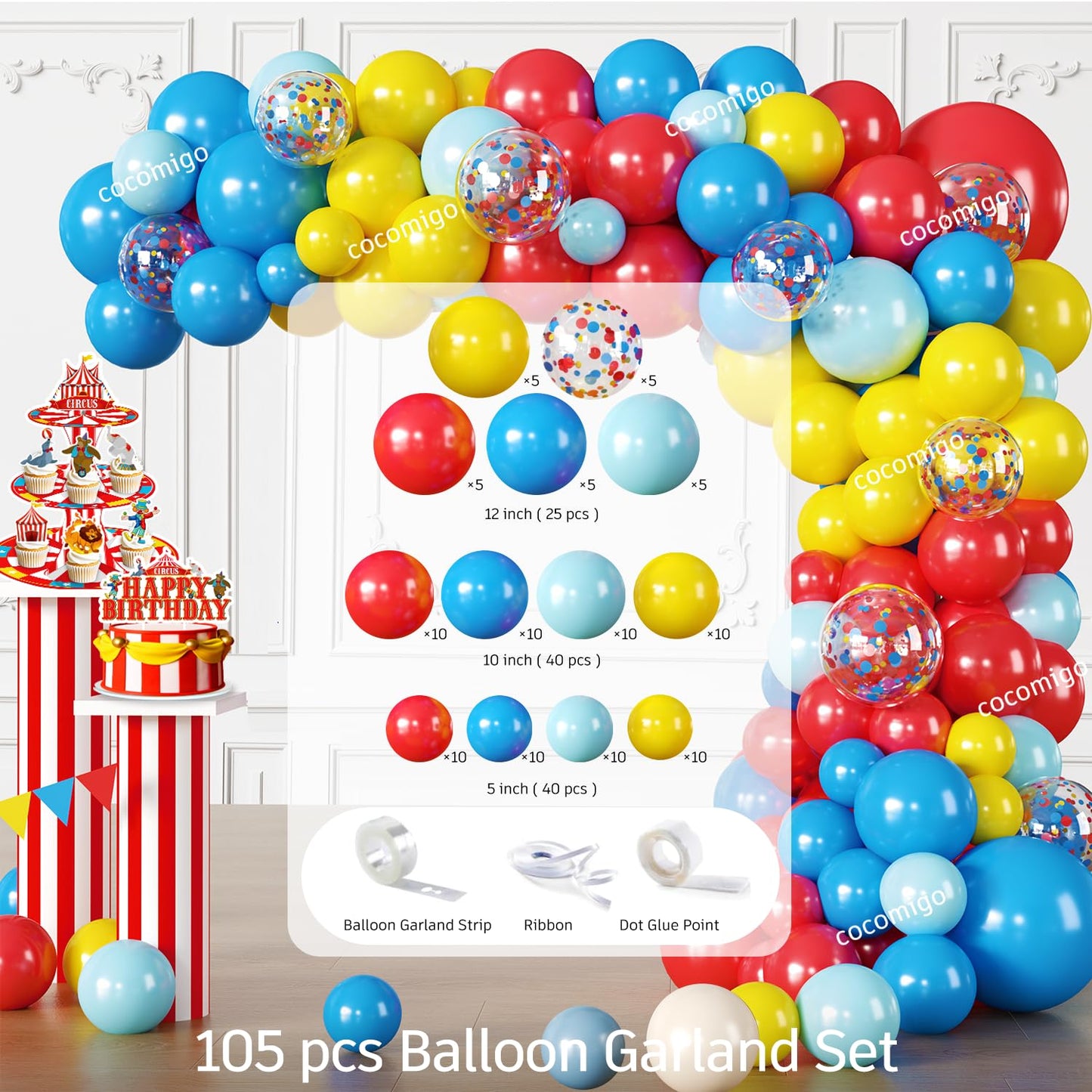 Cocomigo 302 PCS Circus Theme Party Decorations, All-in-One Carnival Theme Party Decorations Set with 25pcs Plates, Napkins, Tablecloths, Banner, Balloon Arch Circus Party Decorations for Girl & Boy