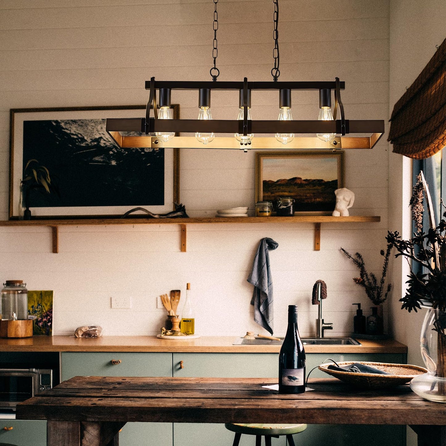 Feohak Farmhouse Chandeliers for Dining Room, 5-Light Rustic Kitchen Island Light Fixture, Wood Linear Industrial Black Rectangular Ceiling