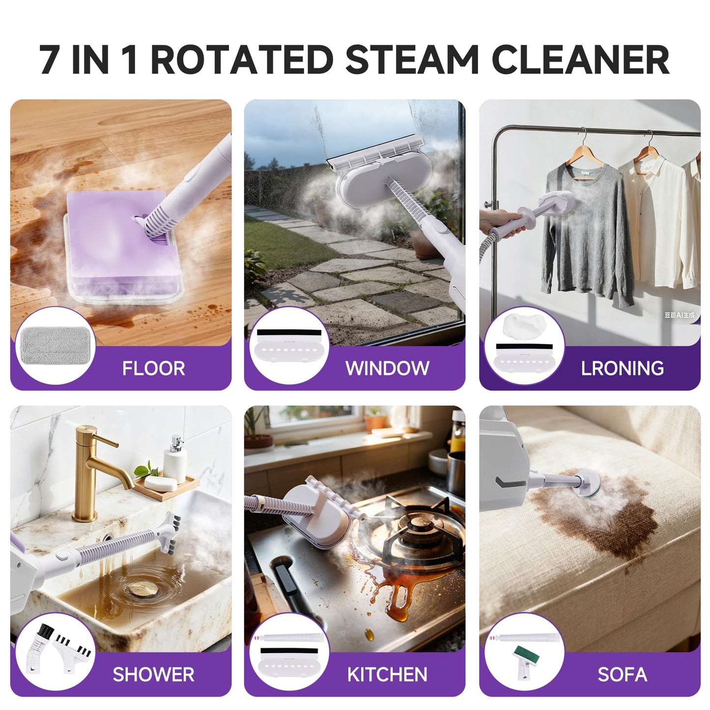 AAOBOSI Steam Mop, 1300W Powerful Detachable Handheld Steamer with 350ml Tank, 11 Multi-purpose Accessories, 23FT Power Cable, Steam Mops for Floor Cleaning, Tiles, Windows, Carpets, Furniture