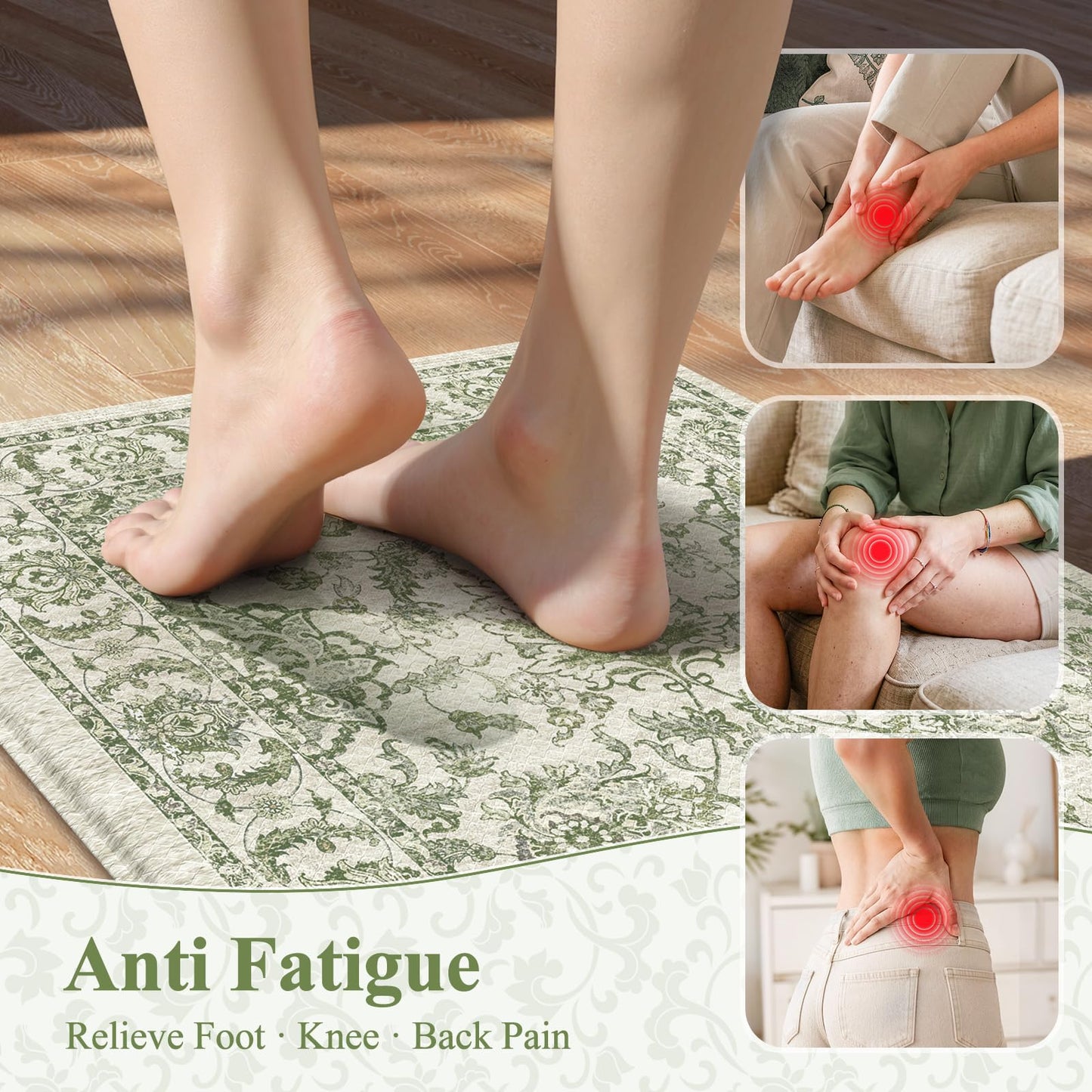 KIMODE Anti Fatigue Kitchen Mat Set, Non Slip Waterproof Kitchen Rug Set of 2, Boho Rugs for Kitchen, Ergonomic Standing Kitchen Sink Mats for Floor, 17"x29.5"+17" x47”, Sage Green