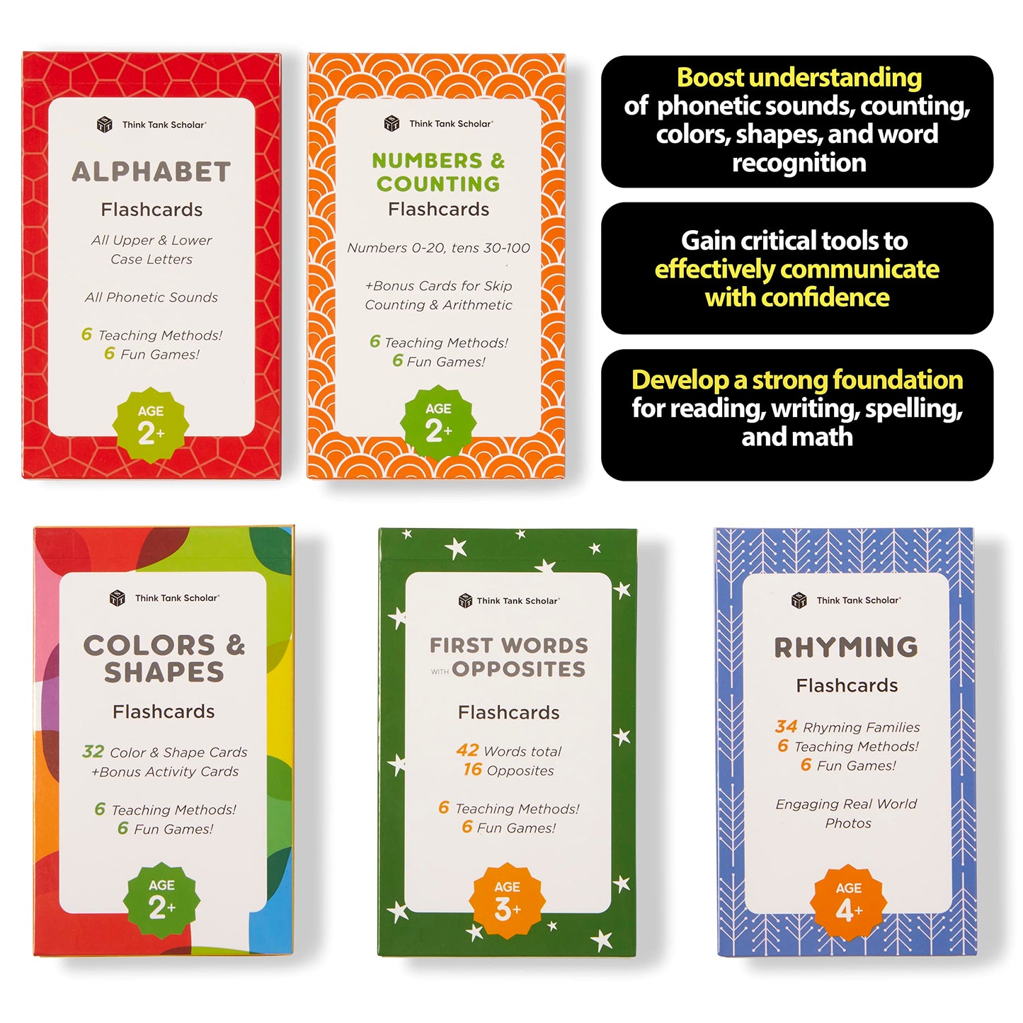 Preschool Flash Cards Learning Bundle - Alphabet, Numbers, Colors, Shapes, First Words, & Rhyming for Toddlers Ages 2-6