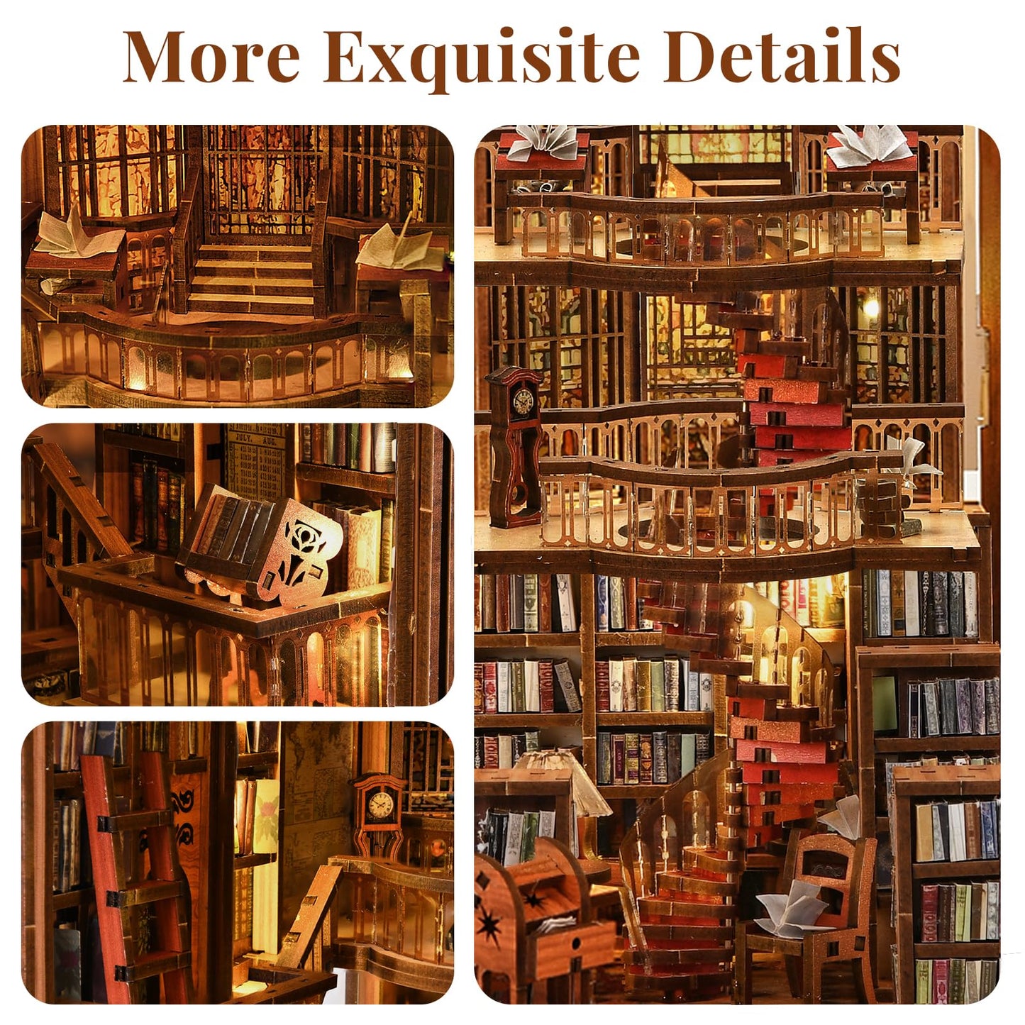 CCCDF Book Nook Library Kit, DIY Miniature Dollhouse Booknook Kit, 3D Wooden Puzzle Bookend Bookshelf with LED Light for Adults Teens (Abbey Library)