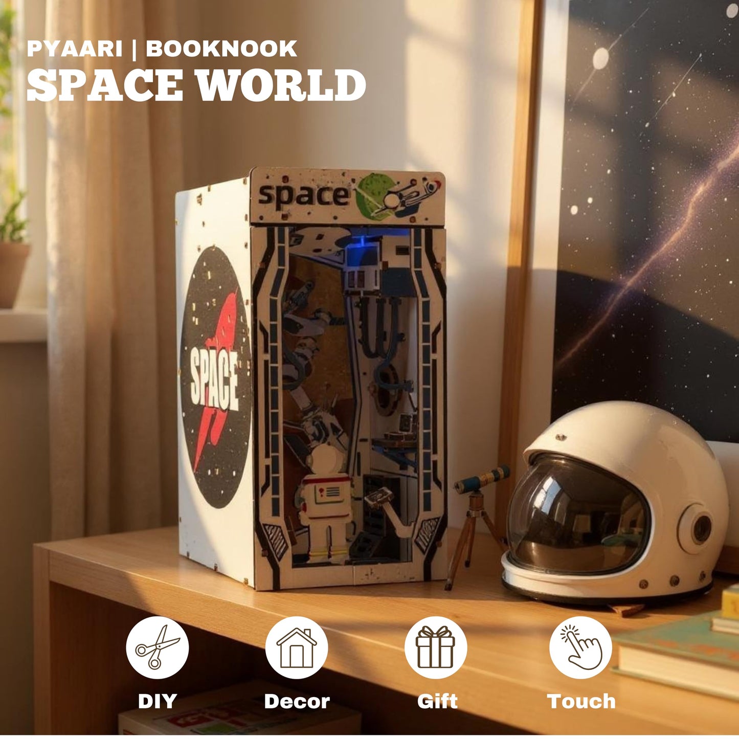 PYAARI Space World Book Nook Kit, Astronaut 90-Piece DIY Miniature LED Doll House, 3D Wooden Puzzle BookNook Kit for Adults, Tiny Home Model Building Kit for Book Lovers & Beginners, Bookshelf Decor