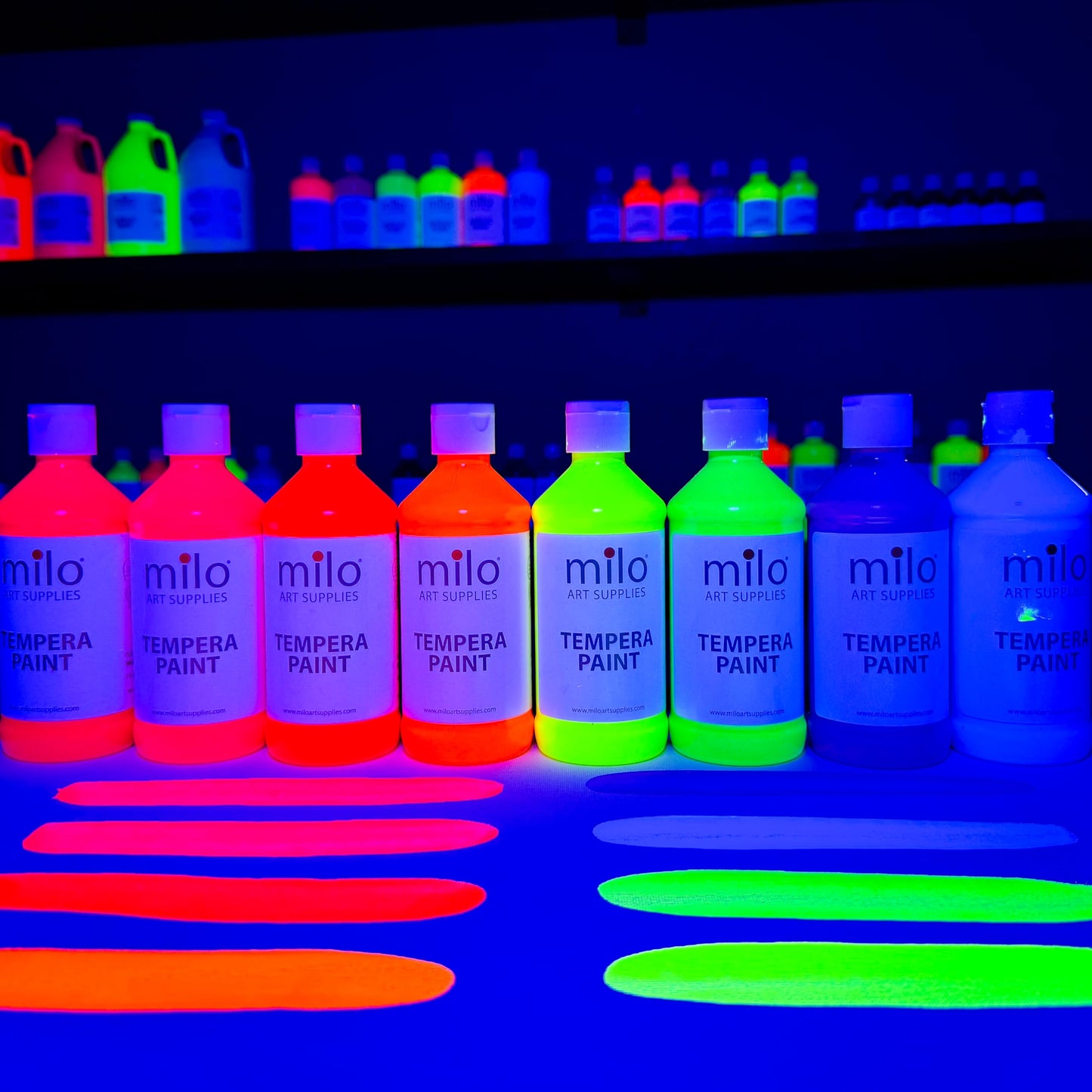 milo Fluorescent Tempera Paint Set of 8 Colors | 8 oz Bottles | Made in the USA | Washable and Non-Toxic Neon Art & Craft Poster Primary Paints for Artists, Kids, & Hobby Painters, Glows UV in Black Light