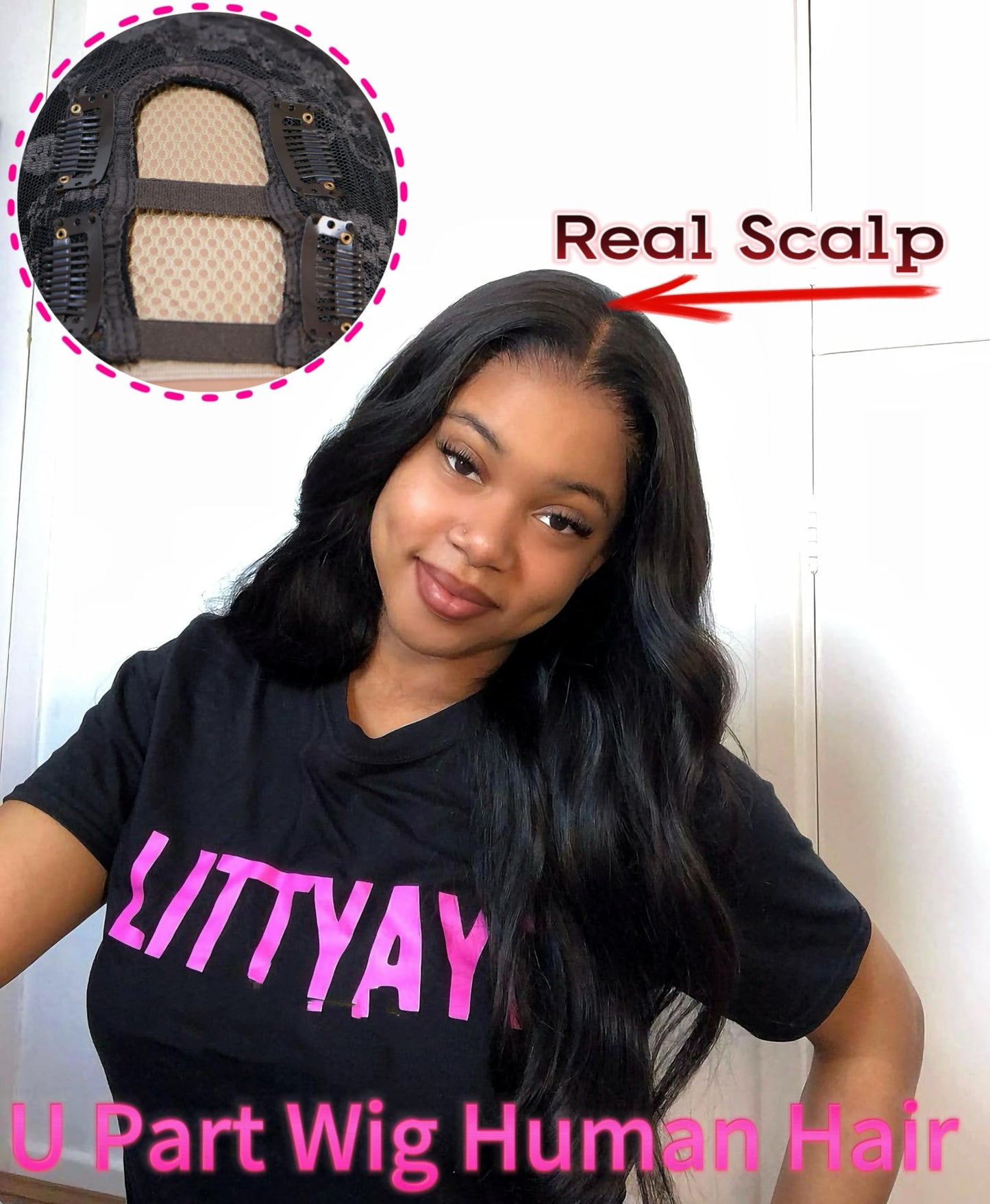 U Part Human Hair Wig Body Wave Glueless Half Wigs for Black Women No Sew In No Leave Out 180% Density Brazilian Virgin U Part Body Wave Wig Human Hair Natural Black Color (24inch)
