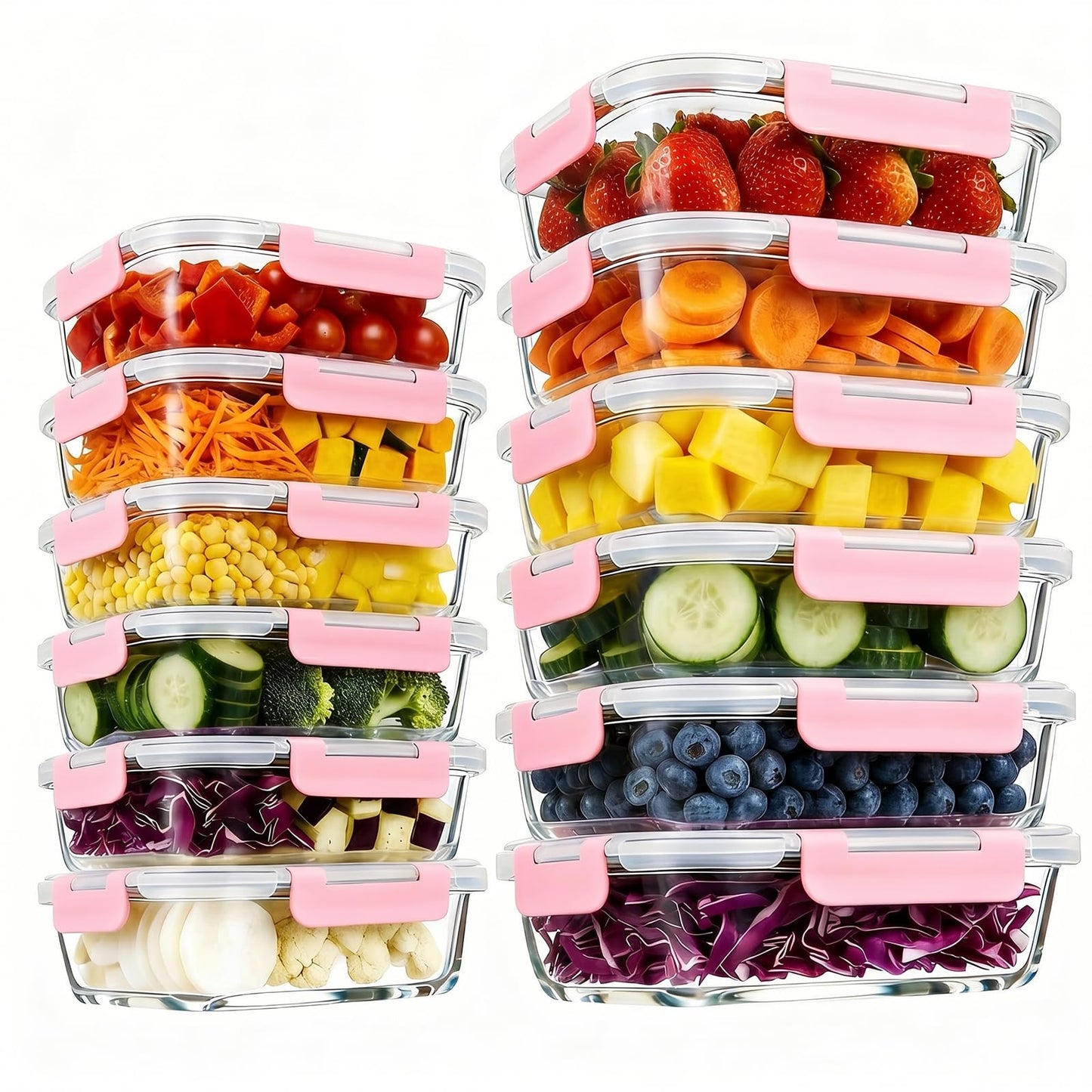 Konokyo Rectangular Glass Food Storage Containers with Lids, 12 Pack Airtight Leakproof Meal Prep Containers, BPA-Free, Microwave Oven Freezer & Dishwasher Safe, Assorted Sizes
