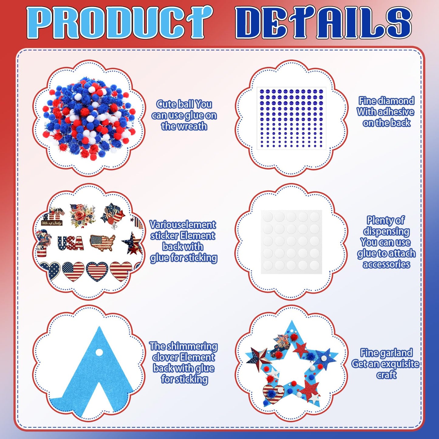 SmoothNovelty 437 Pcs 4th of July Wreath Craft Kit Patriotic DIY Craft Kit Memorial Day Wreath Hanging Ornament with Star Felt Sticker for Red White and Blue 250th Anniversary Party Activities Decor