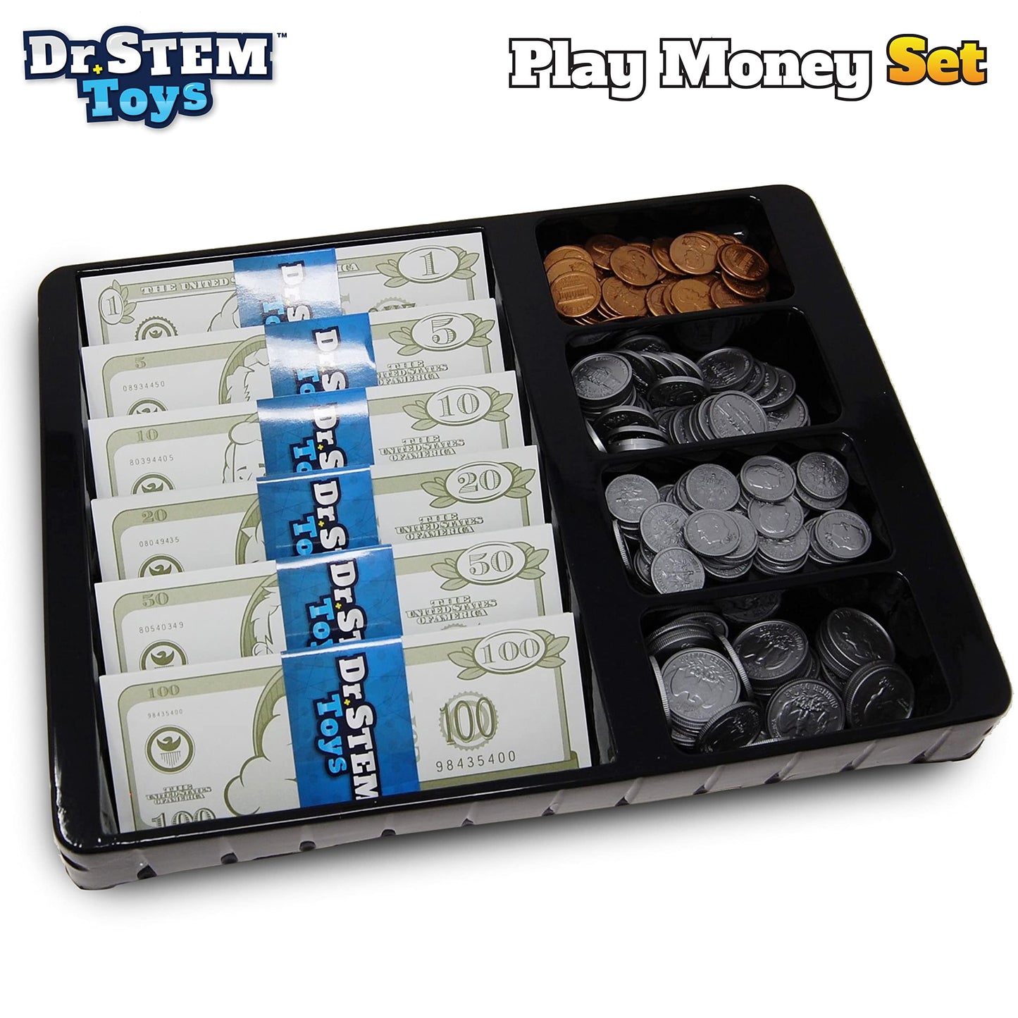 Dr. STEM Toys - Kids Money Set - Durable boxed set provides 400 pieces of realistic fake money bills and fake coins for pretend play, help kids to