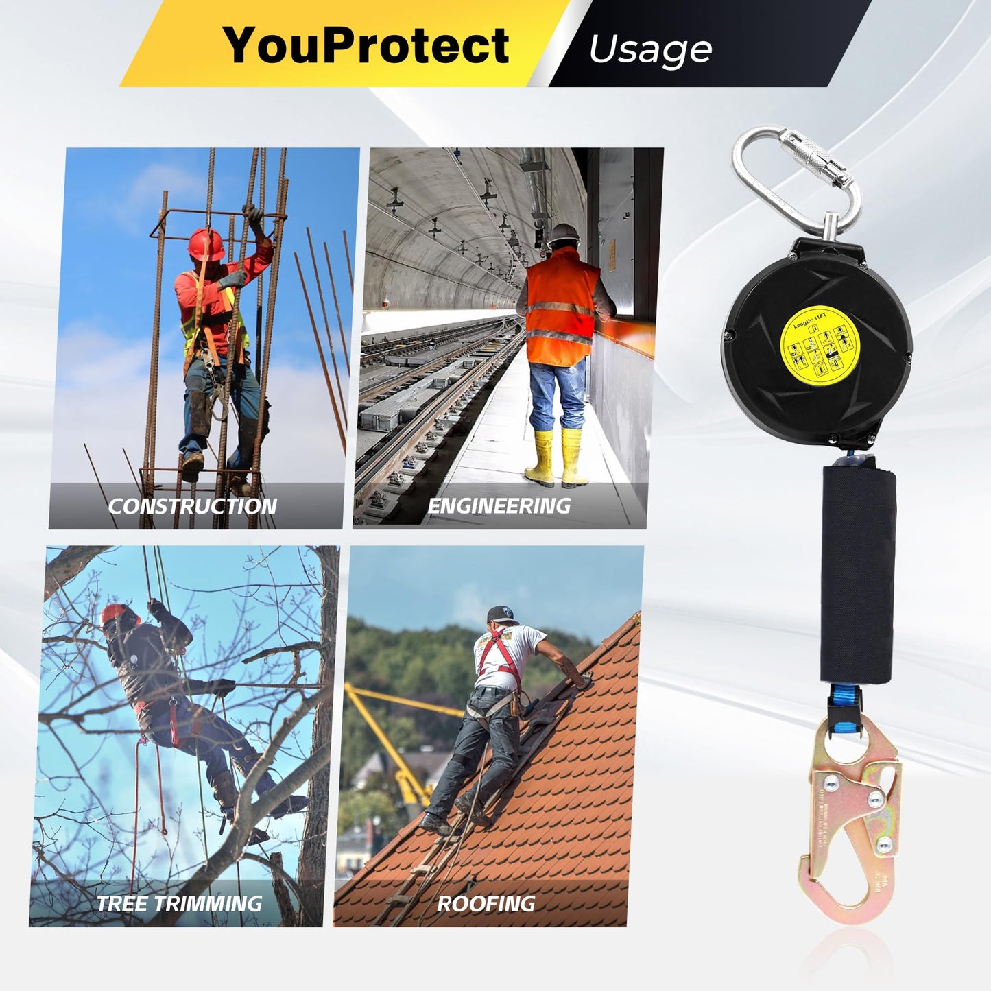 11FT Self Retracting Lifeline Fall Protection Retractable Lanyard, Fall Arrest Safety Yoyo for Construction Industrial - OSHA/ANSI Compliant (Small Hook)