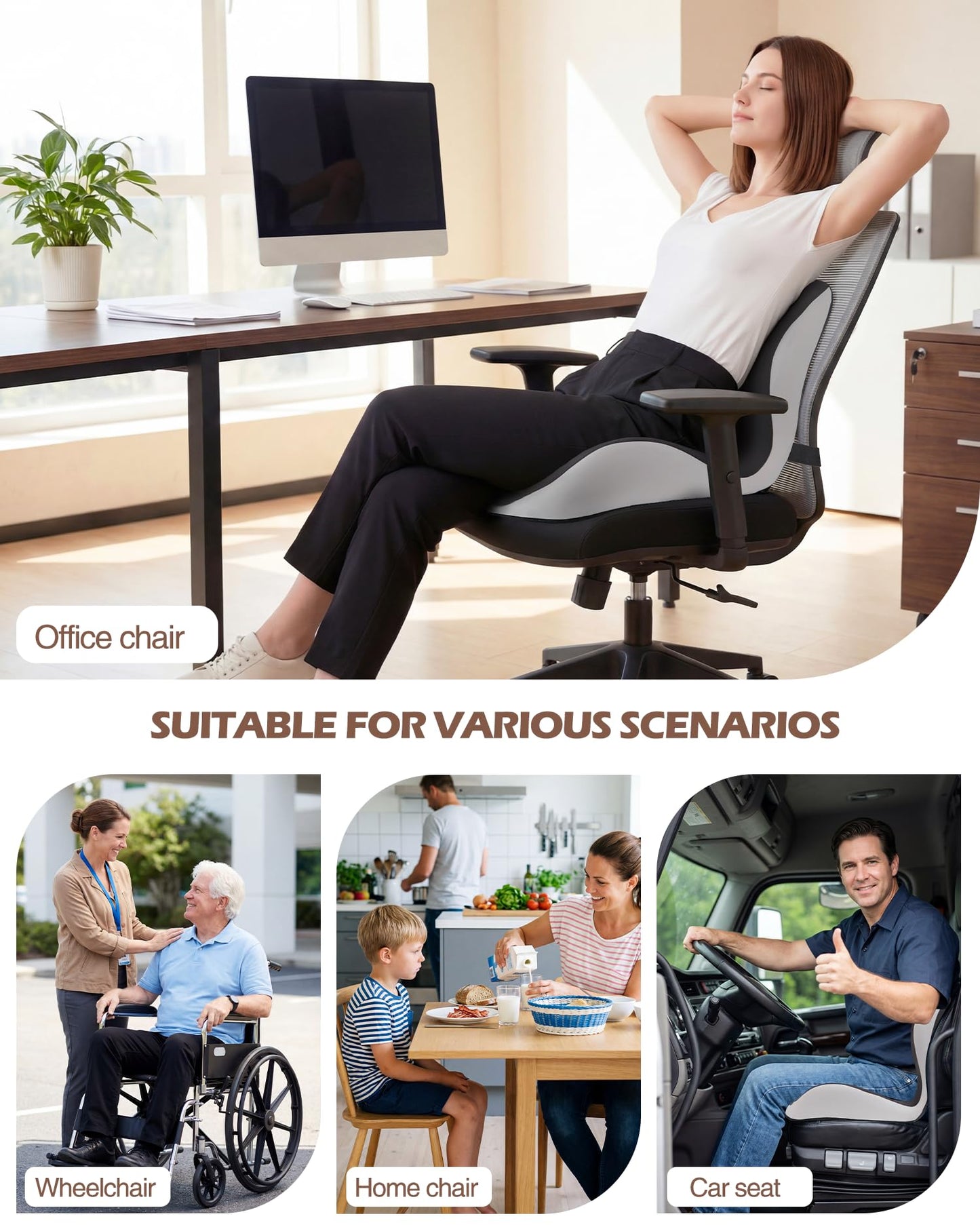 vdovsta Office Chair Cushion for Tailbone & Low Back Pain Relief, Seat Cushions for Office Chairs with Comfortable Foam and High Backrest, Suitable for Office Chairs, Cars, Trucks, and Home Chairs