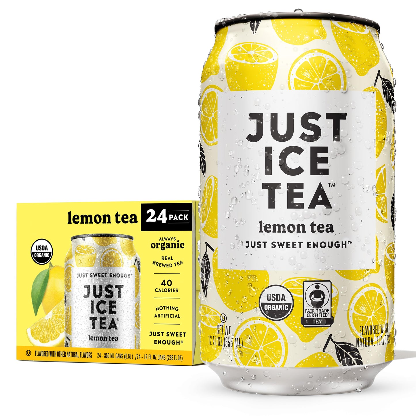 Just Ice Tea, Lemon Flavored Black Iced Tea, 24-Pack (12oz Cans), USDA Certified Organic, Real Brewed, Low Calorie, No Artificial Sweeteners, Fair Trade, Made in USA.