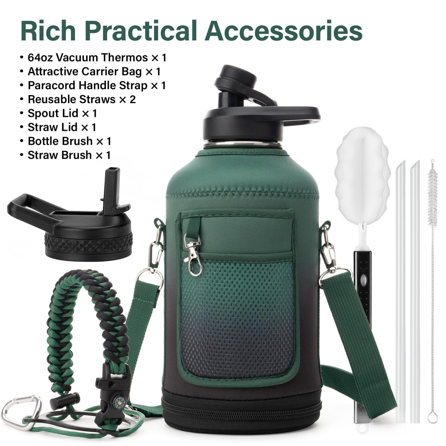 DYSANKY Insulated Water Bottle | Thickened Stainless Steel Vacuum Metal | Portable Sports Half Gallon Large Water Jug for Gym and Hiking with Straw, Carrier Bag, Handle Strap | BPA-Free 64 oz