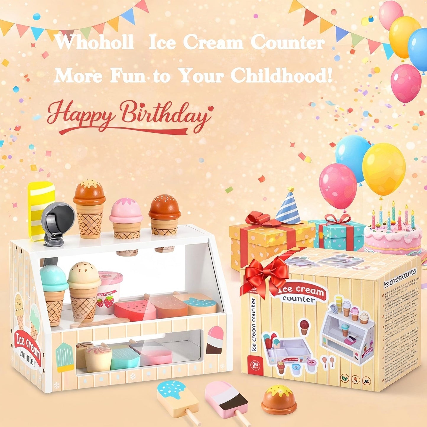 WHOHOLL Wooden Ice Cream Counter Playset for Toddler Girl Toys, 45 Pcs Play Store Pretend Toy Food Play Kitchen Accessories with Scoop & Fake Money, Christmas Birthday Gifts for 3 4 5 6