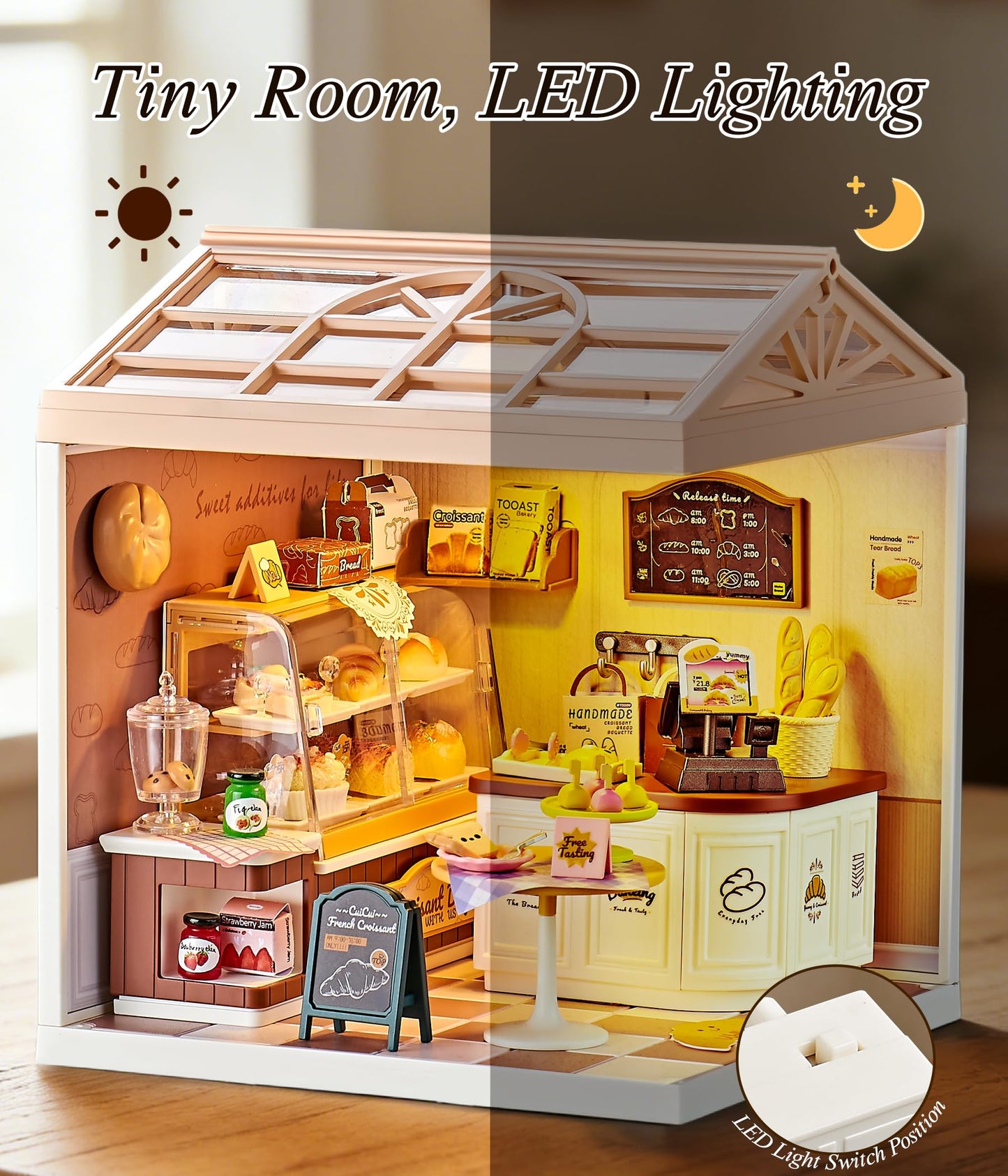 Tkmango Bread Shop DIY Miniature House Kit with Roof & LED Light, Stackable & Connectable Dollhouse Kit with Dustproof Door, Creative DIY Crafts Building Toy Gift for Adults Teens