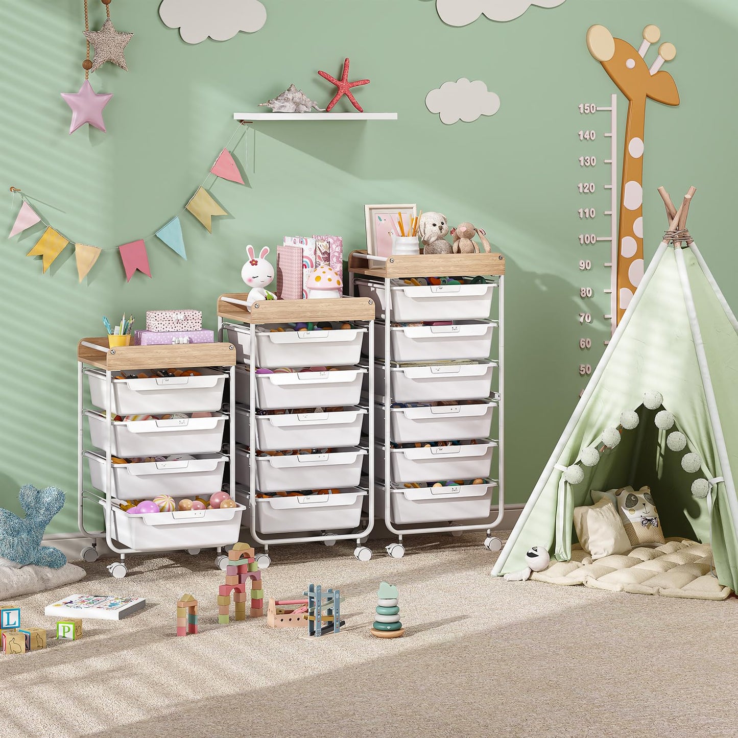 SYKIARIOL Rolling Cart with 5 Drawers,Art Craft Cart,Storage Utility Cart with Wheels,Makeup Organizer with Wooden Tabletop,White