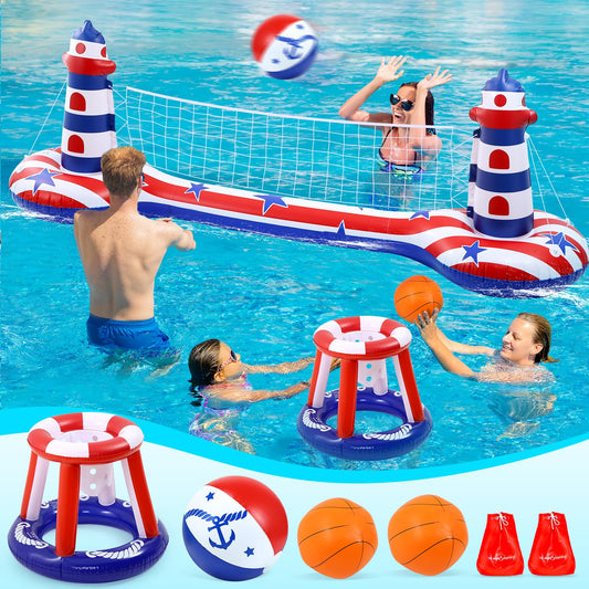 EagleStone Swimming Pool Volleyball Net Set with Basketball Hoop,Inflatable Pool Floats Set American Flag Volleyball Net & Basketball Hoops
