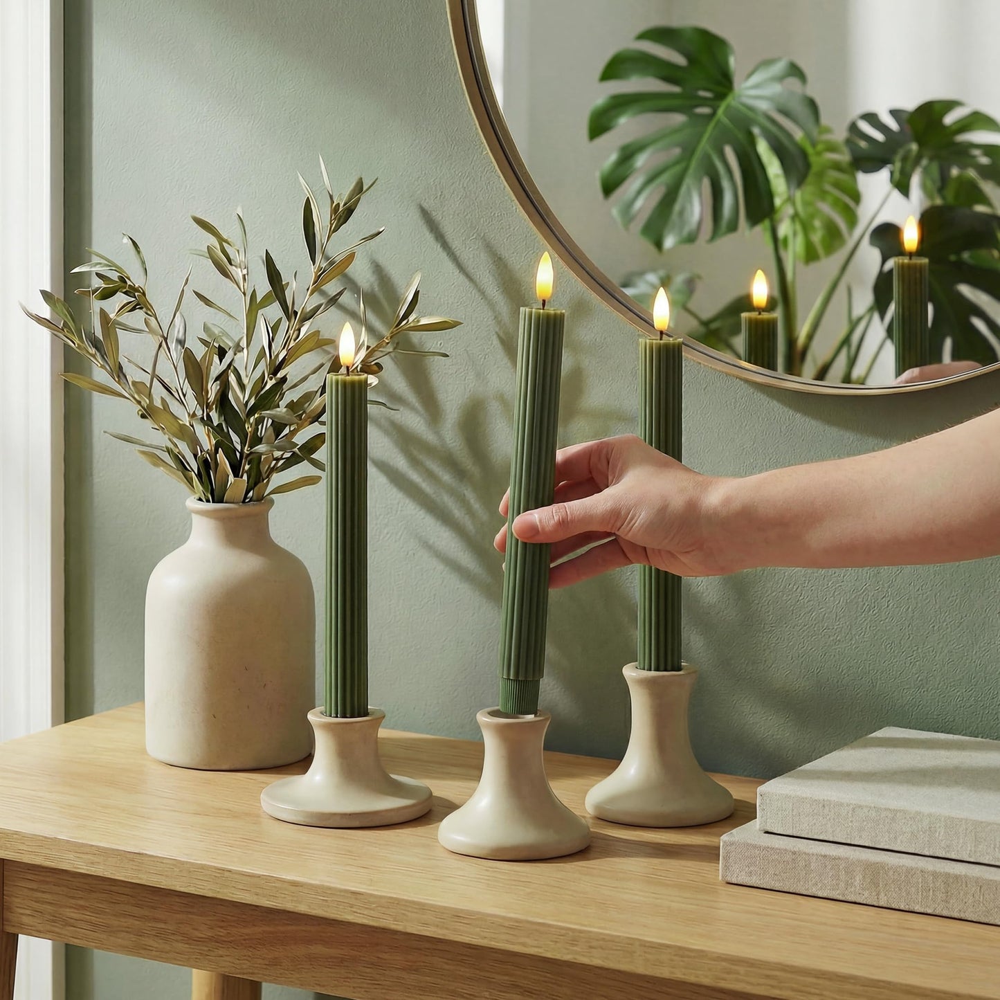 West Ivory 6 Pack, 10" LED Flameless Real Wax Sage Olive Loden Green Fluted Ribbed Grooved Taper Candles, Remote & 24h Timer Memory, On/Off Button, Dimmable, Flicker Mode, Battery Operated, Wedding