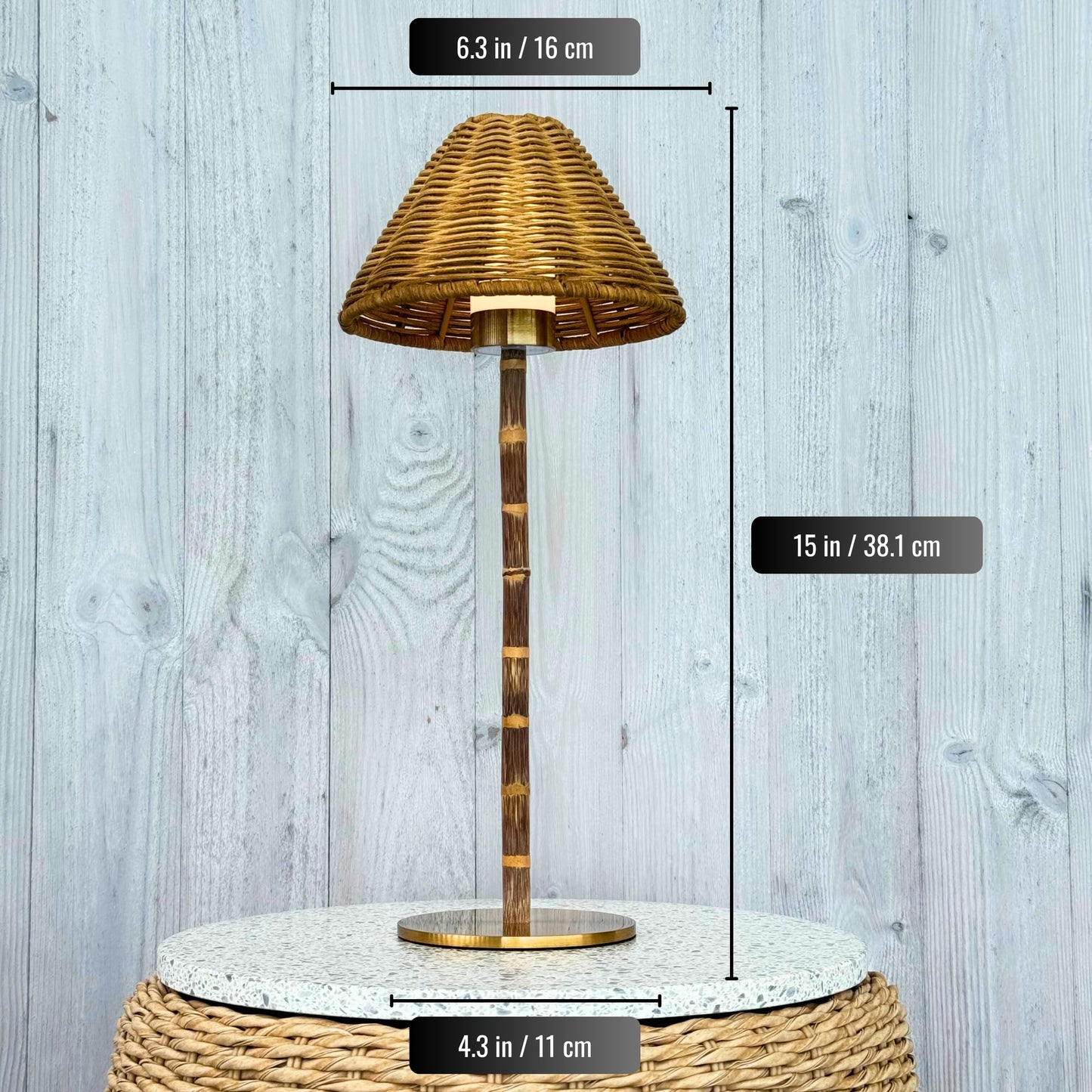 LUXELYKOS Bamboo Cordless LED Table Lamp – Rechargeable 24-Hour Battery, Dimmable Warm Light, 15" Portable Wireless Lamp with Remote for Indoor/Outdoor Use, Home, Patio, Restaurant – Natural Rattan