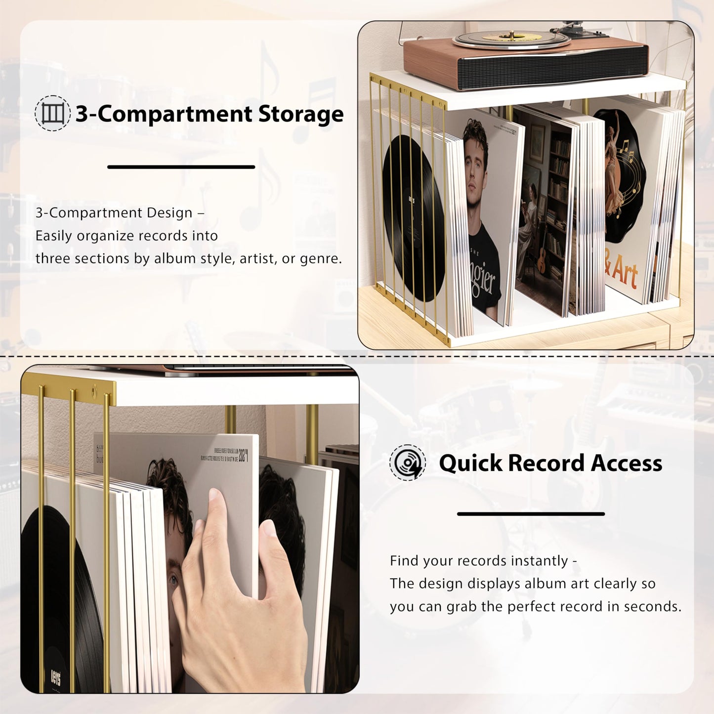 Emfogo Vinyl Record Storage, Metal & Wooden Vinyl Record Holder Up to 80 Album, 3-Compartment Record Player Stand for Magazine, Book, Files, Albums (White)