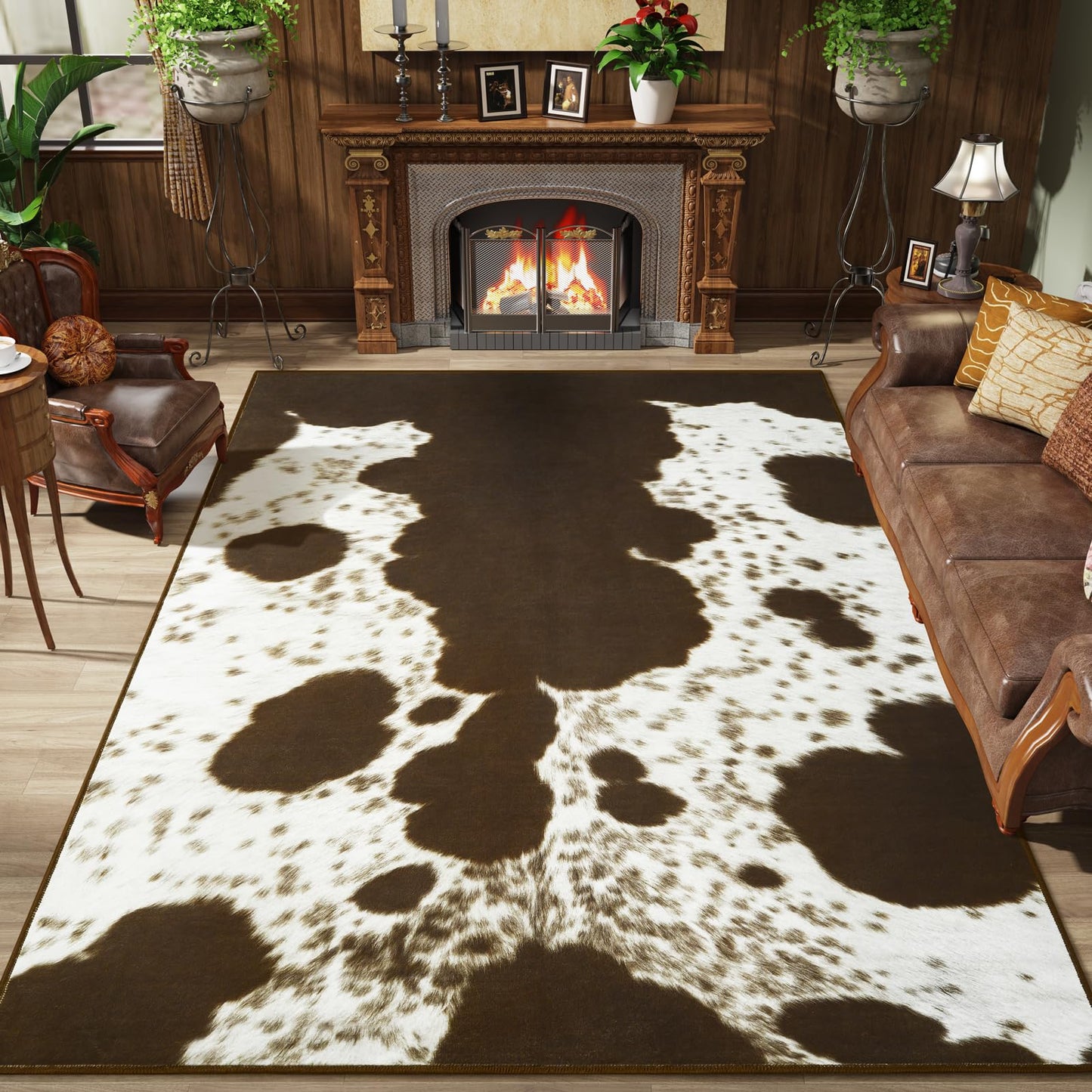 Amearea Faux Cowhide Rugs for Living Room, 5x7 Feet Machine Washable Cow Print Area Rug for Bedroom, Premium Western Home Decor Animal Print Non-Slip Throw Rug Carpet for Dining Room Kitchen Office