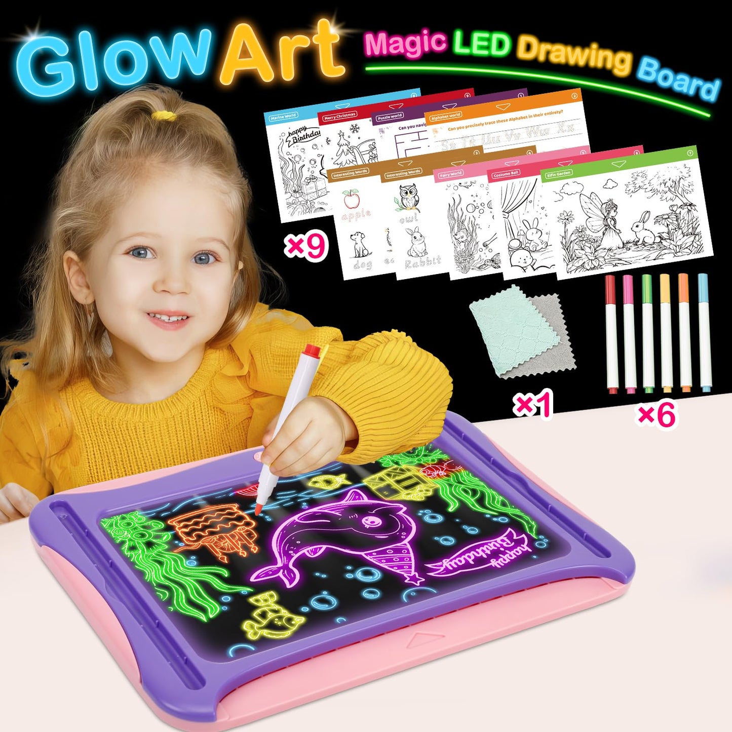 LED Drawing Board for Kids, Light Up Tracing Pad Toy Pink