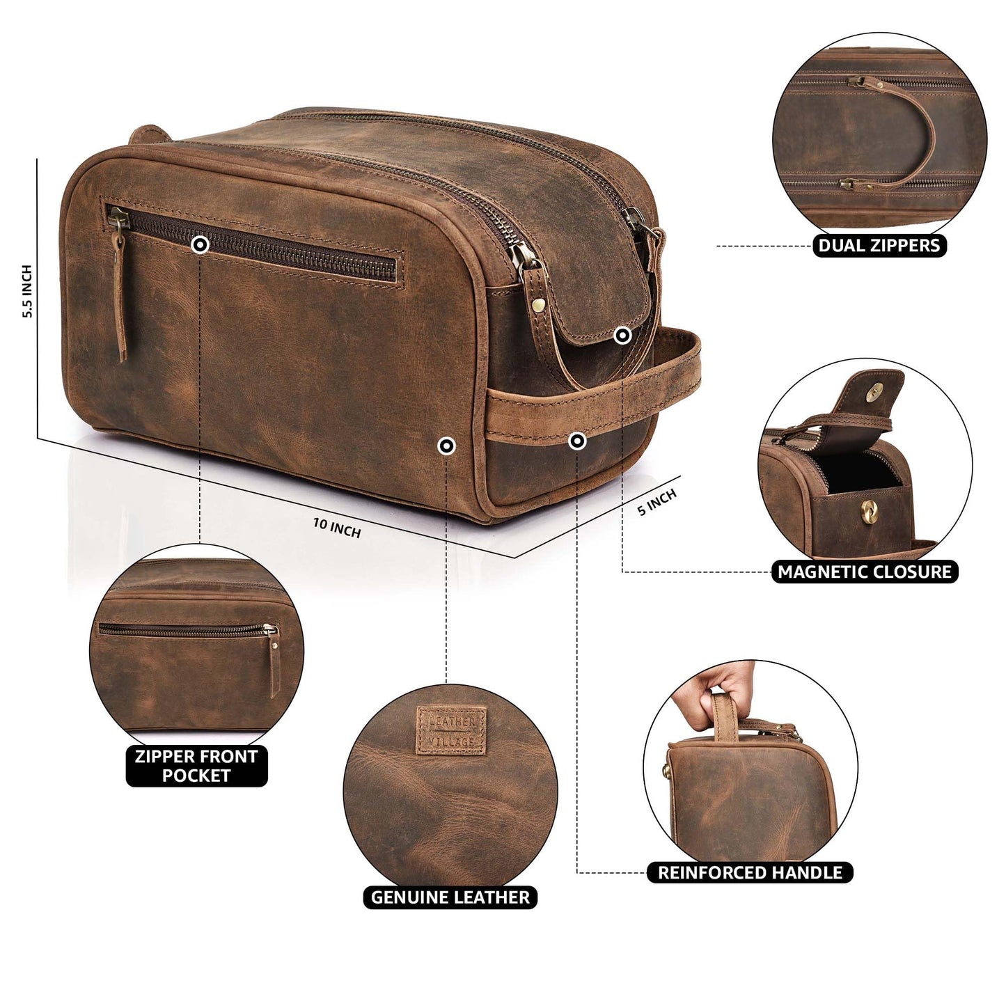 LEATHER VILLAGE Premium Leather Toiletry Travel Pouch With Waterproof Lining - Brown | King-Size Handcrafted Vintage Dopp Kit Bag