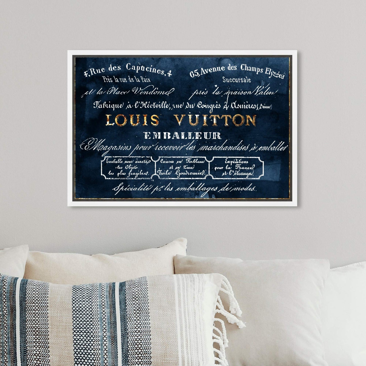 The Oliver Gal Artist Co. Fashion and Glam Framed Wall Art Canvas Prints 'Emballeur Navy' Road Signs Home Décor, 15 in x 10 in, Blue, Gold
