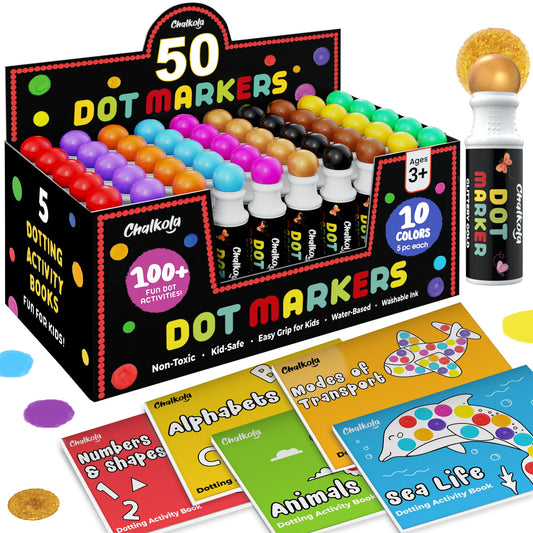 Chalkola 50 Dot Markers Bulk Classroom Pack (10 Colors W/Gold, 5 Activity Books) | Washable Bingo Daubers for Kids Toddlers Ages 1 2 3 4 5 - Art & Craft School Supplies for Preschool, Kindergarten